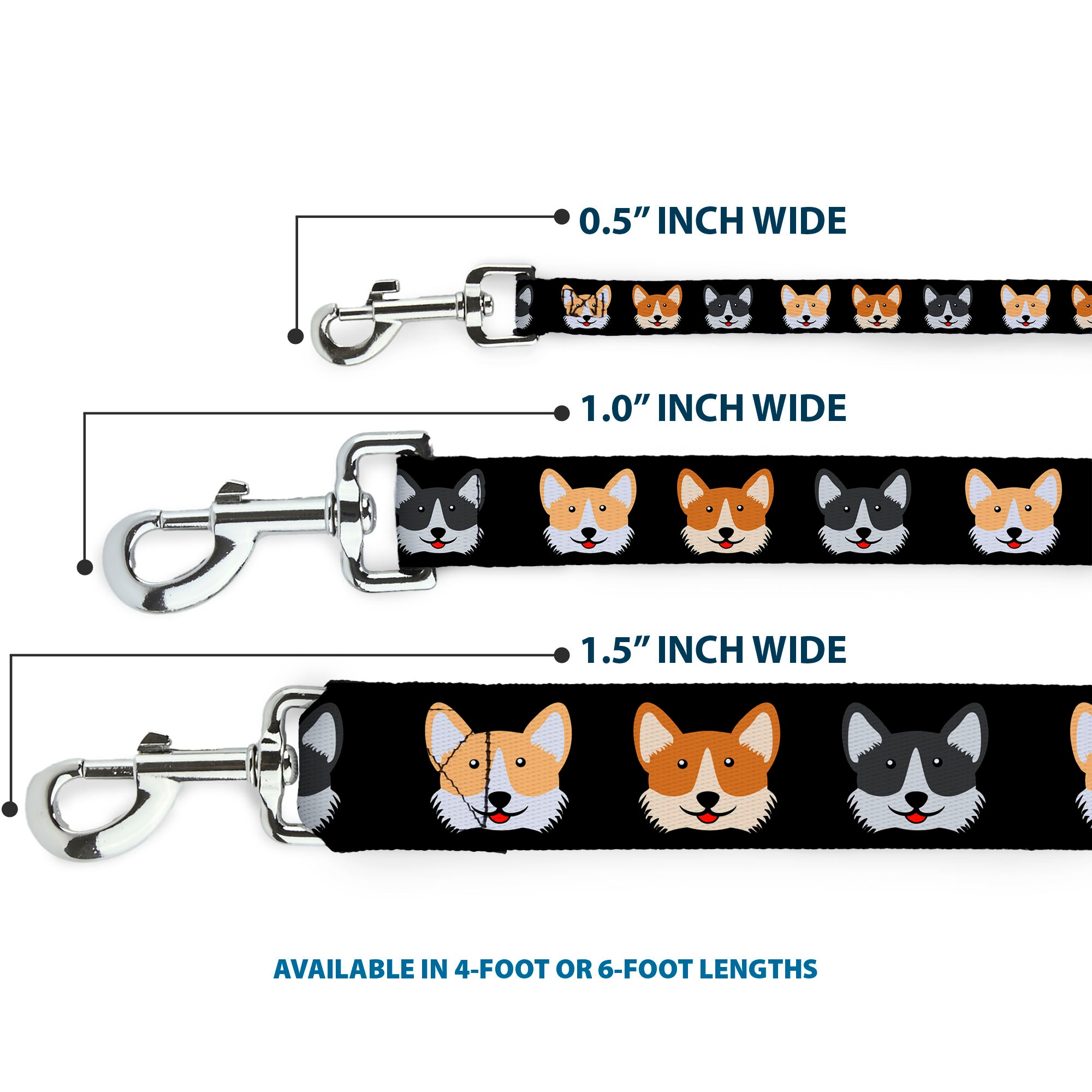 Dog Leash - Corgi 3-Faces Black Dog Leashes Buckle-Down