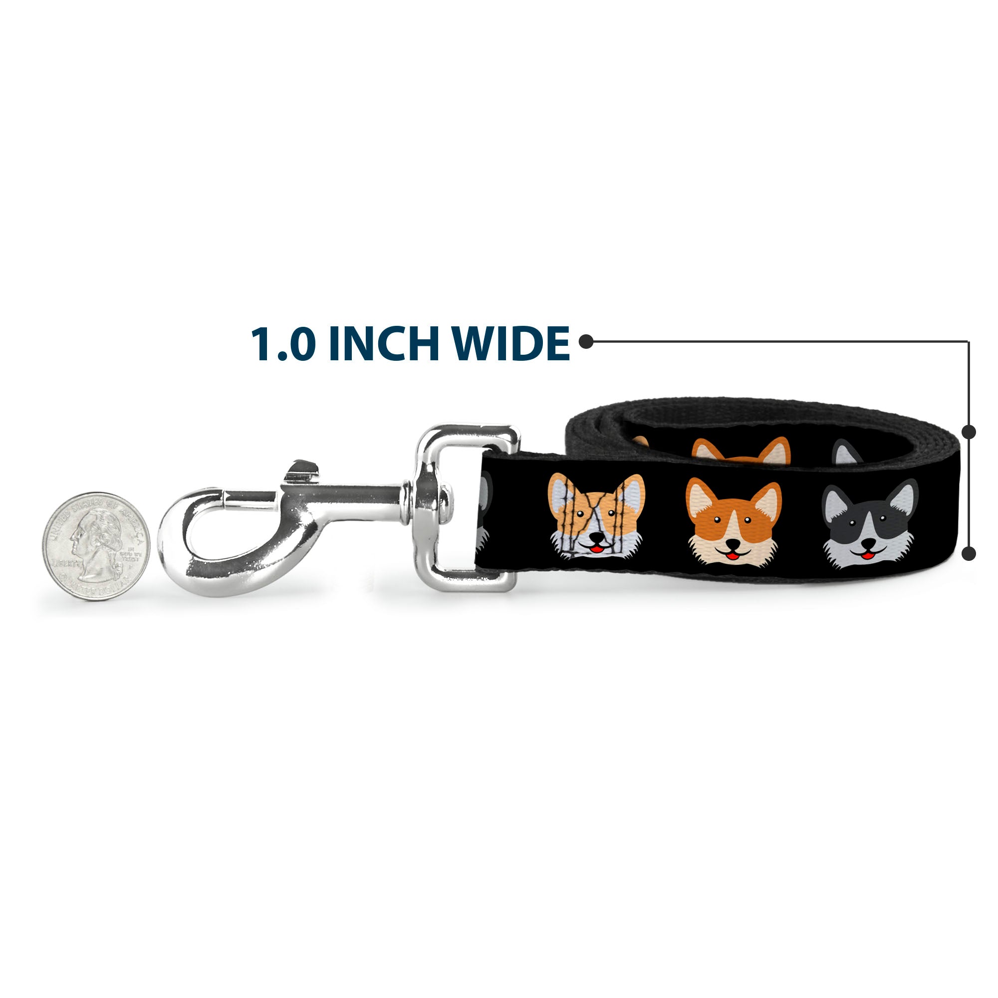 Dog Leash - Corgi 3-Faces Black Dog Leashes Buckle-Down