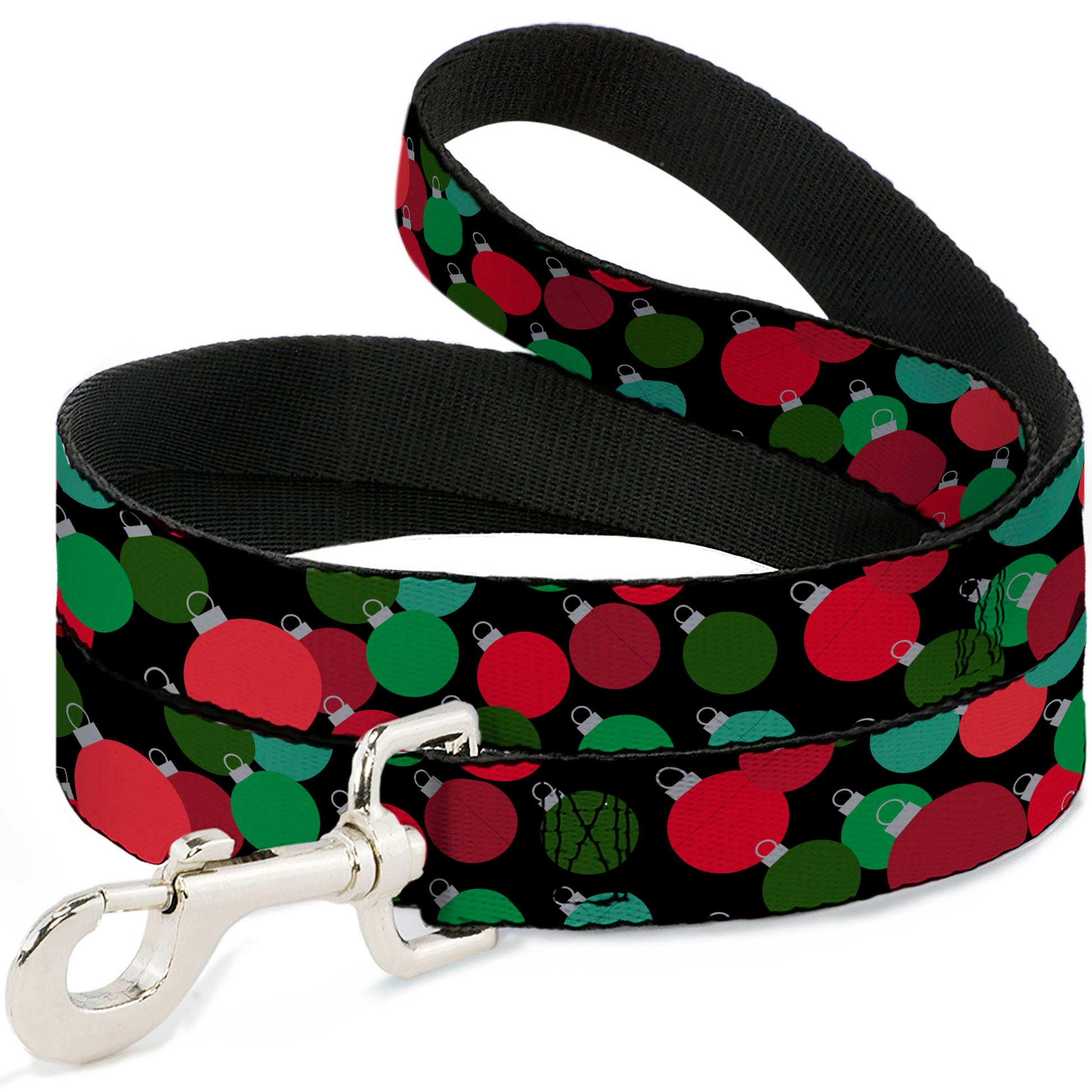 Dog Leash - Christmas Holiday Globe Ball Ornaments Stacked Black/Reds/Greens Dog Leashes Buckle-Down