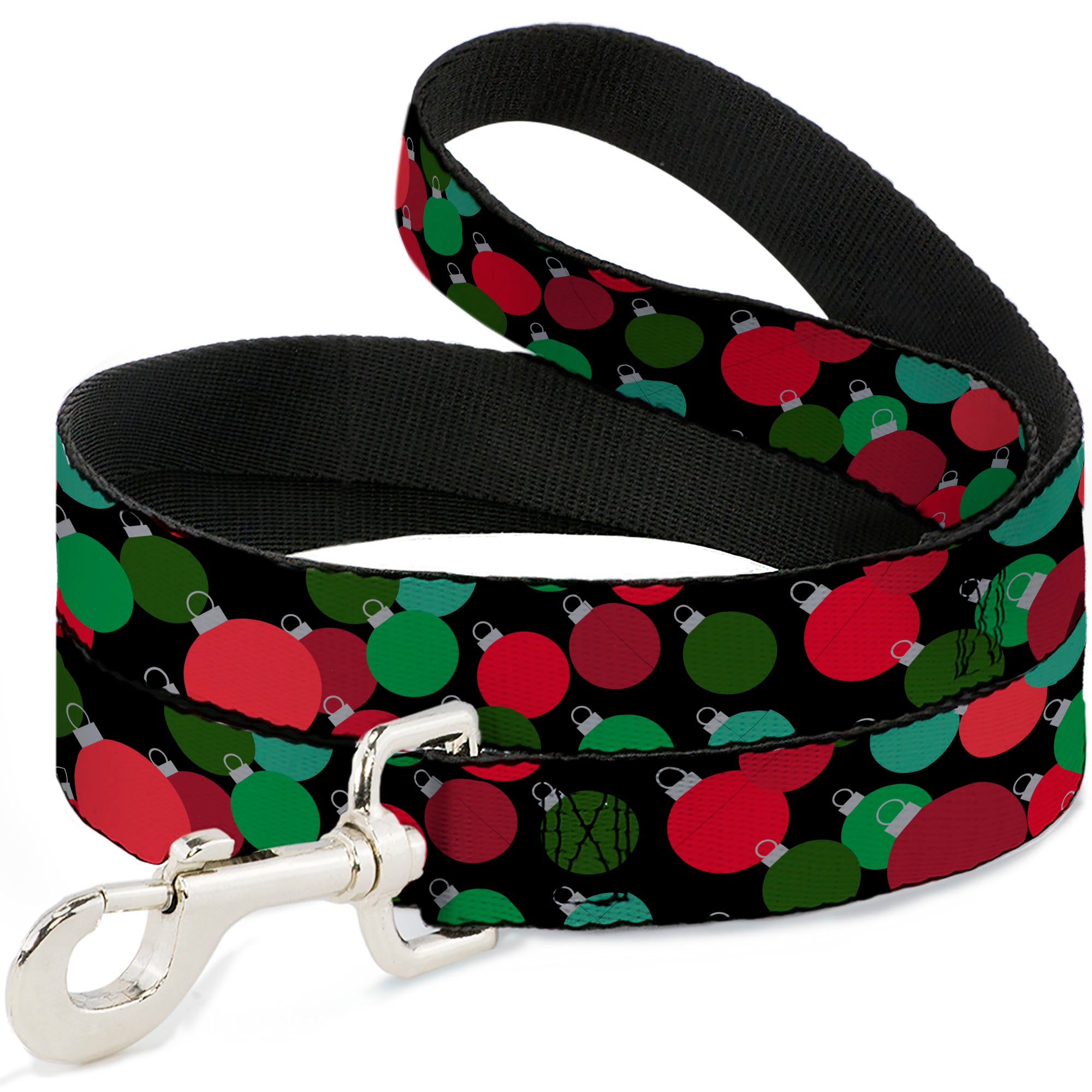 Dog Leash - Christmas Holiday Globe Ball Ornaments Stacked Black/Reds/Greens Dog Leashes Buckle-Down