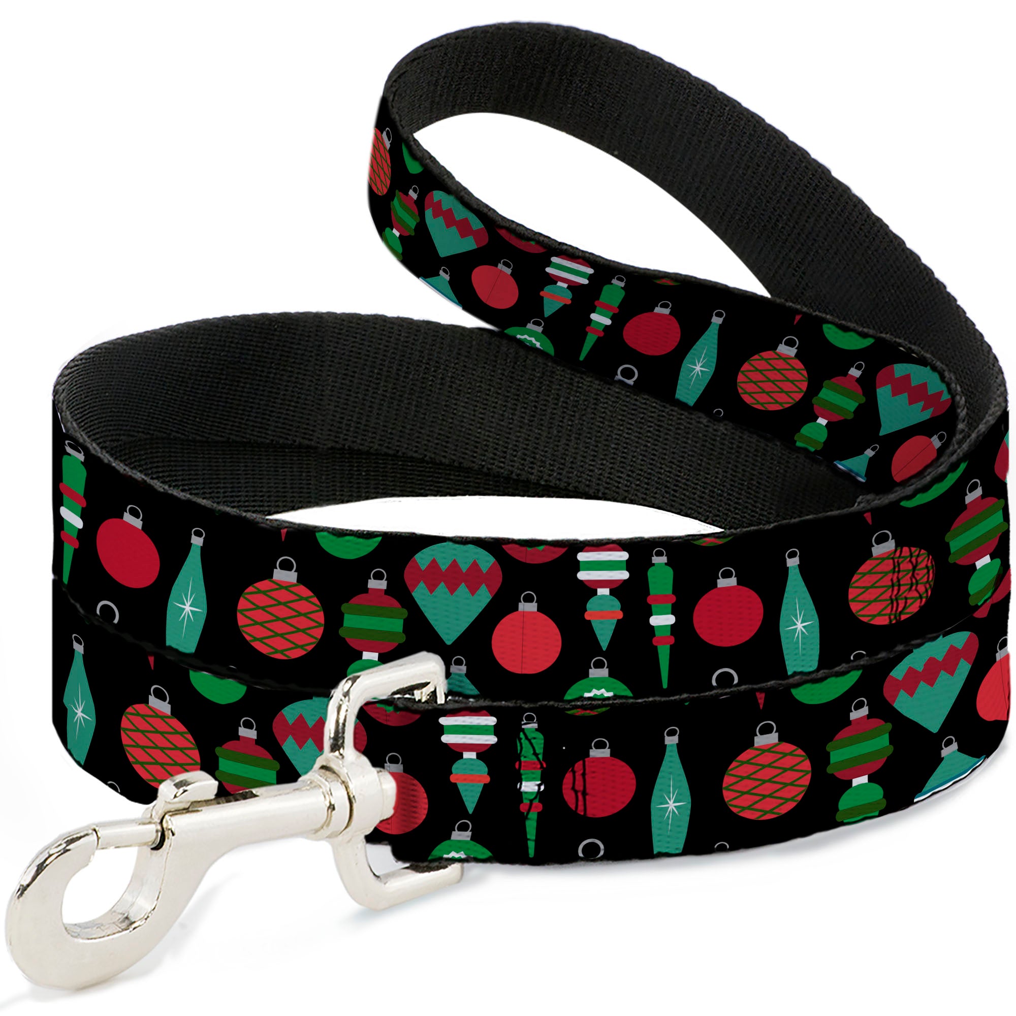 Dog Leash - Christmas Holiday Finial Bauble Ornaments Black/Reds/Greens Dog Leashes Buckle-Down