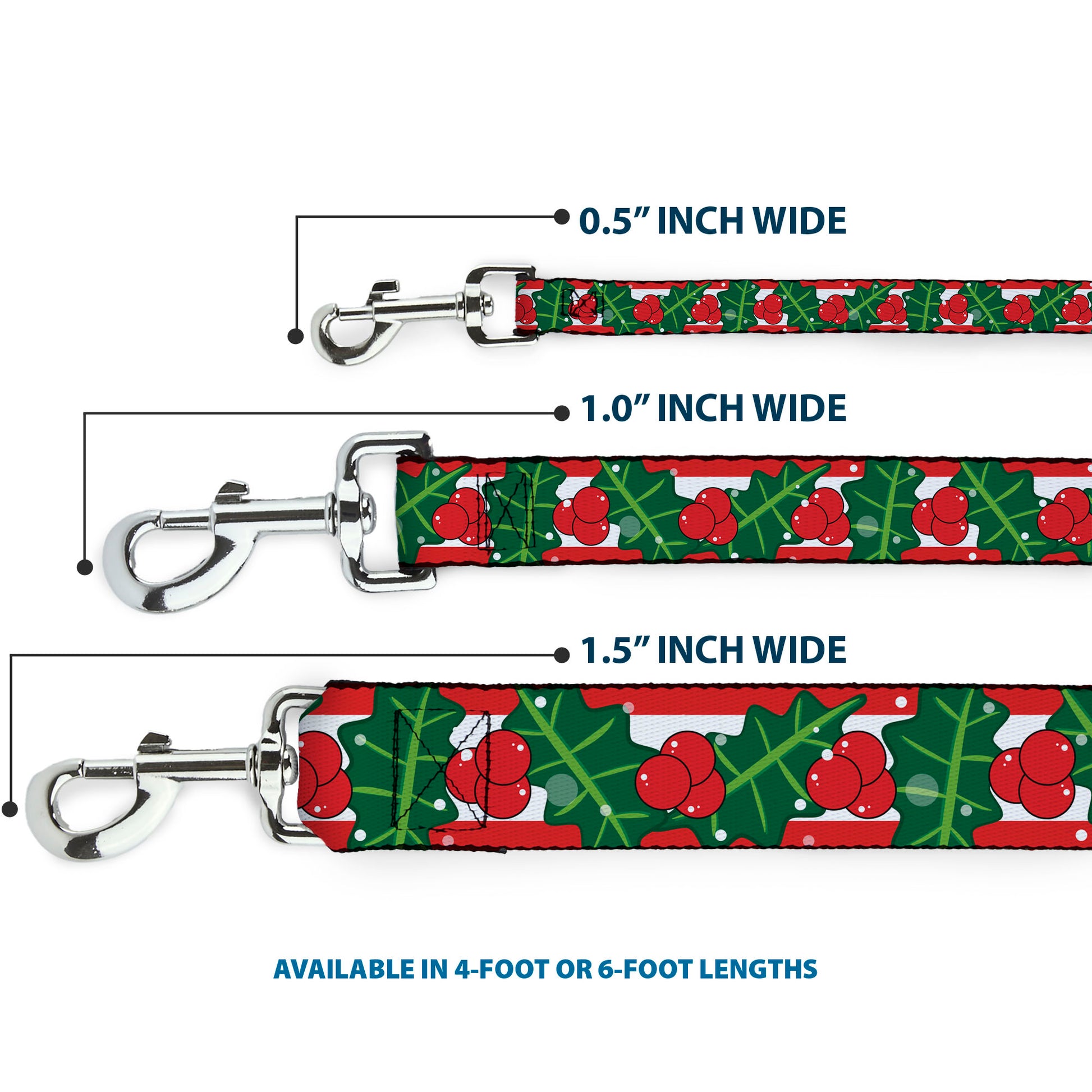 Dog Leash - Snowy Holly Stripe Reds/White/Greens Dog Leashes Buckle-Down