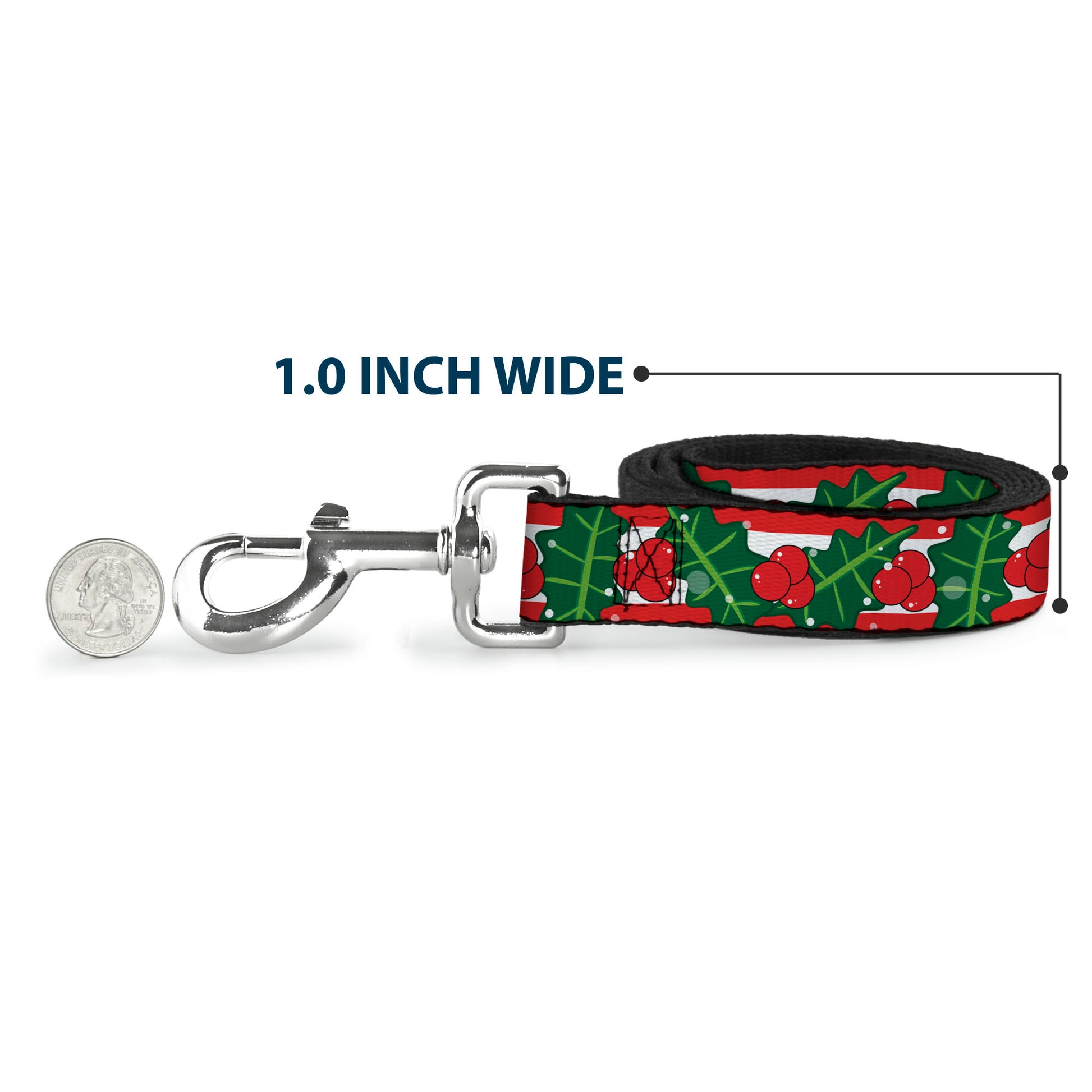Dog Leash - Snowy Holly Stripe Reds/White/Greens Dog Leashes Buckle-Down