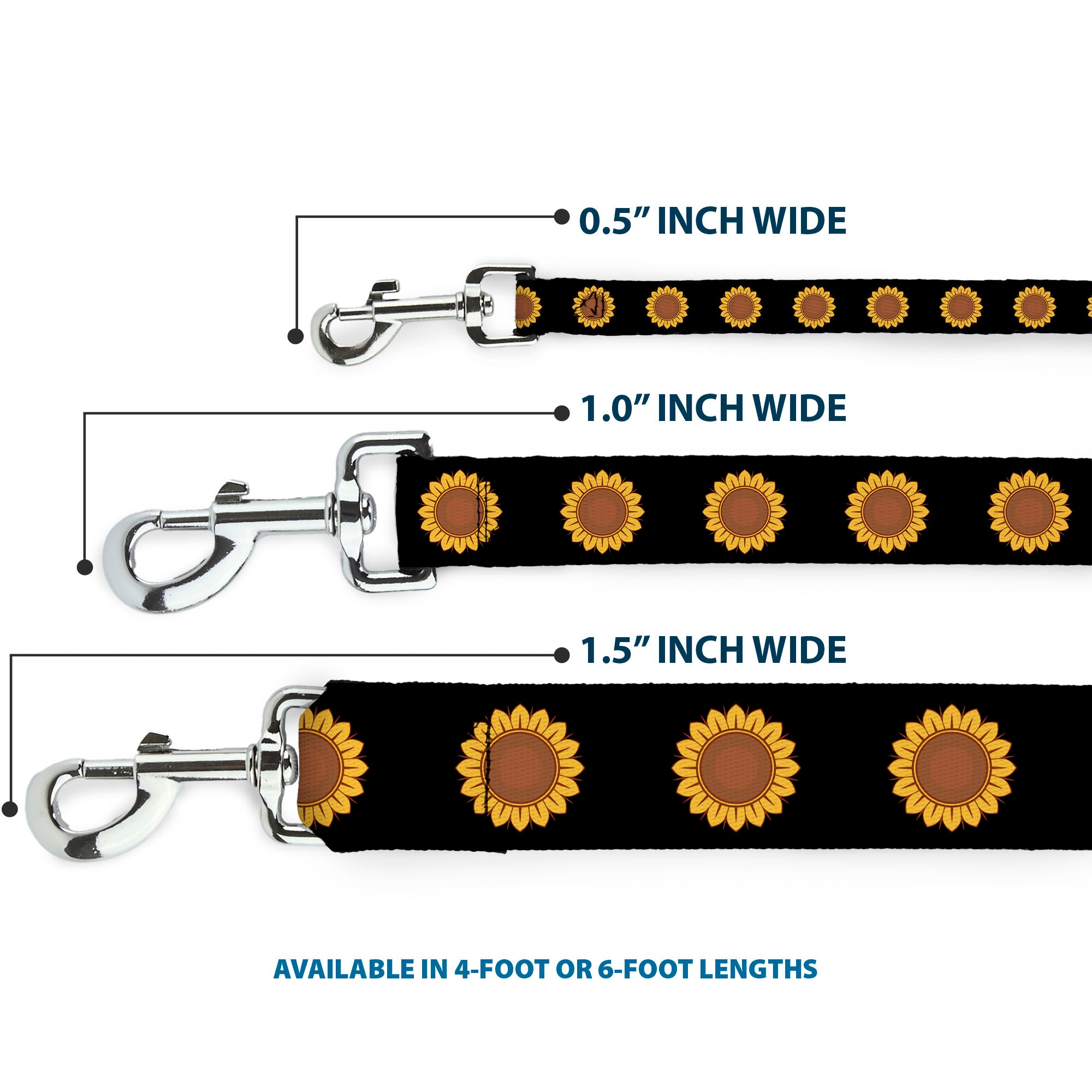 Dog Leash - Sunflower Face Repeat Black Dog Leashes Buckle-Down