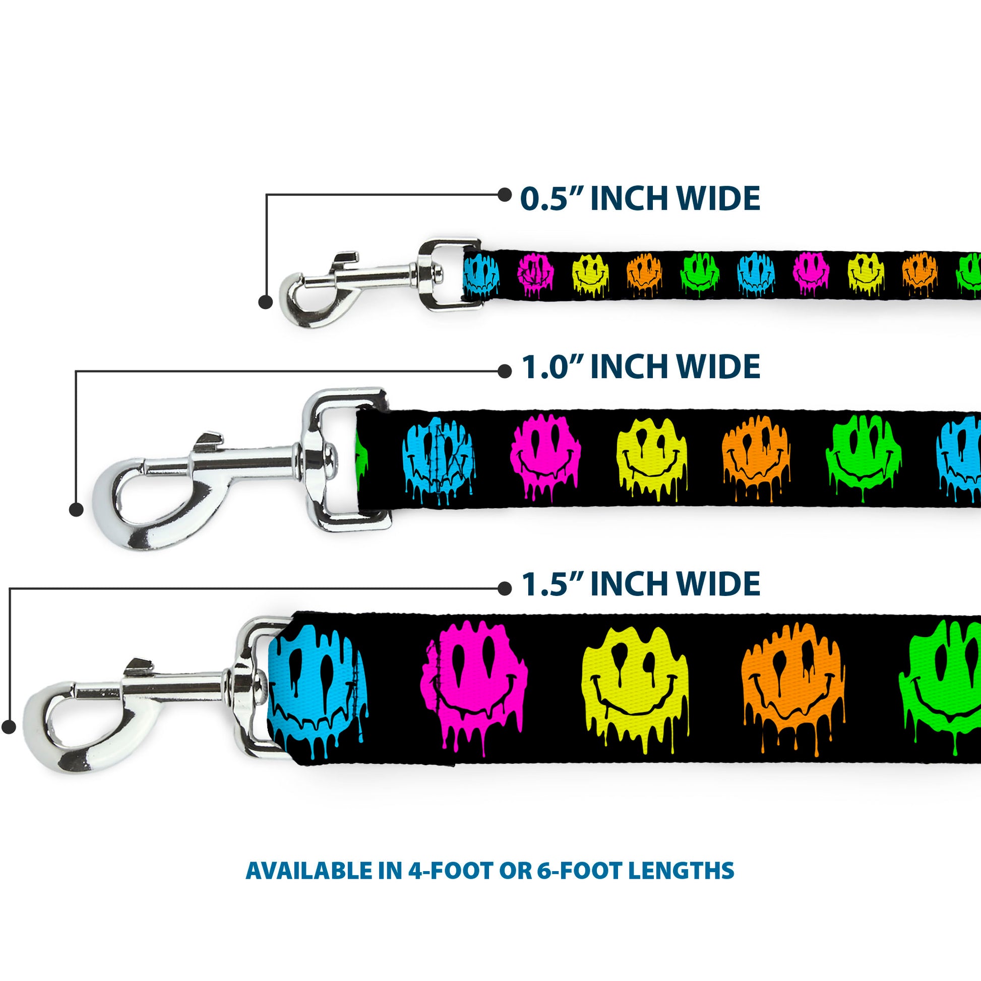 Dog Leash - Smiley Face Melted Repeat Black/Multi Neon Dog Leashes Buckle-Down