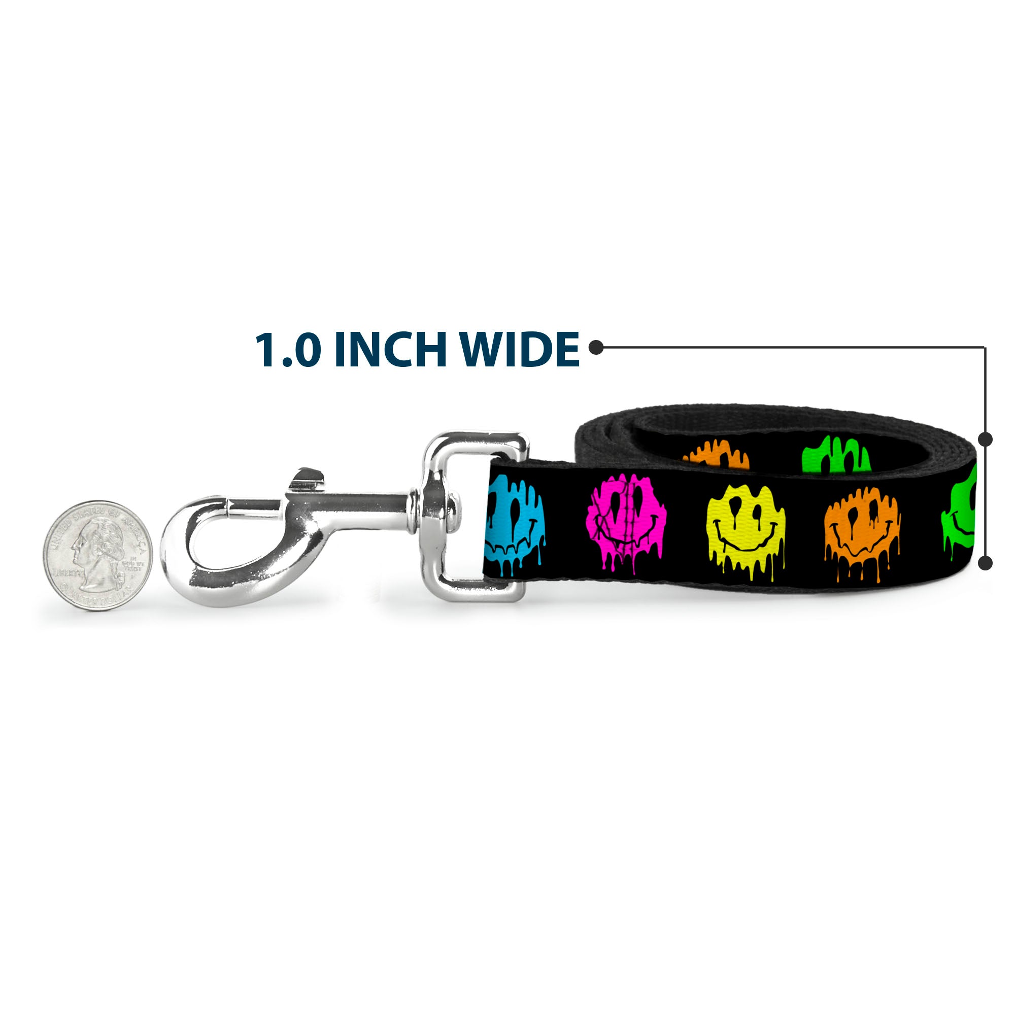 Dog Leash - Smiley Face Melted Repeat Black/Multi Neon Dog Leashes Buckle-Down