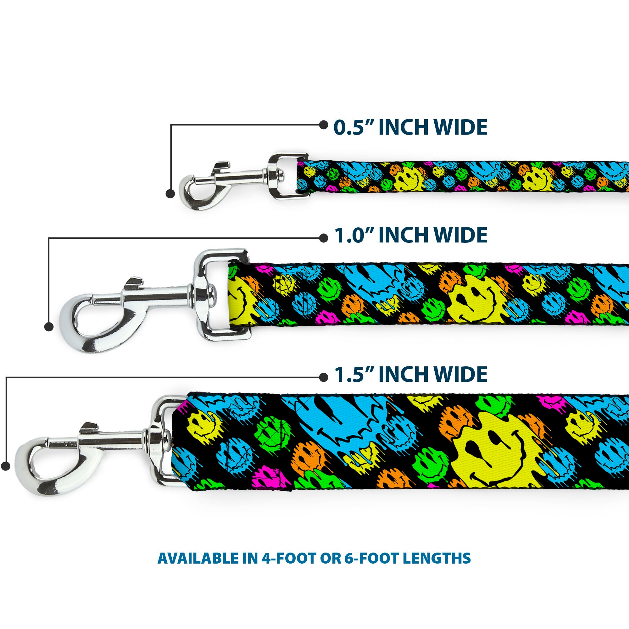 Dog Leash - Smiley Faces Melted Stacked Black/Multi Neon Dog Leashes Buckle-Down