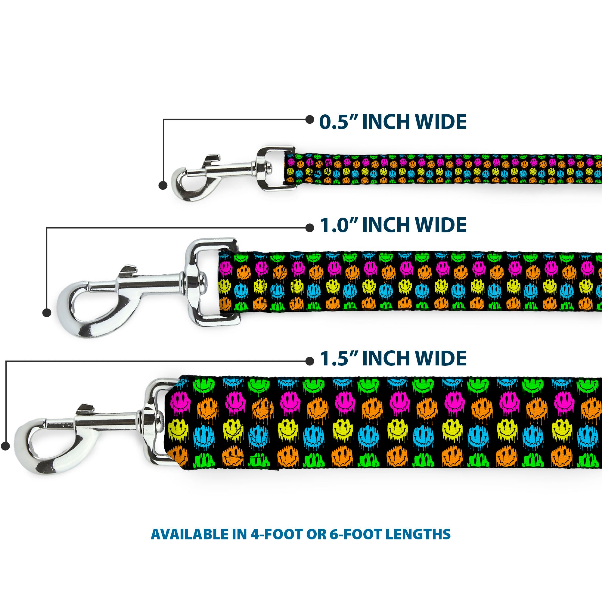 Dog Leash - Smiley Faces Melted Mini Repeat Black/Multi Neon Dog Leashes Buckle-Down