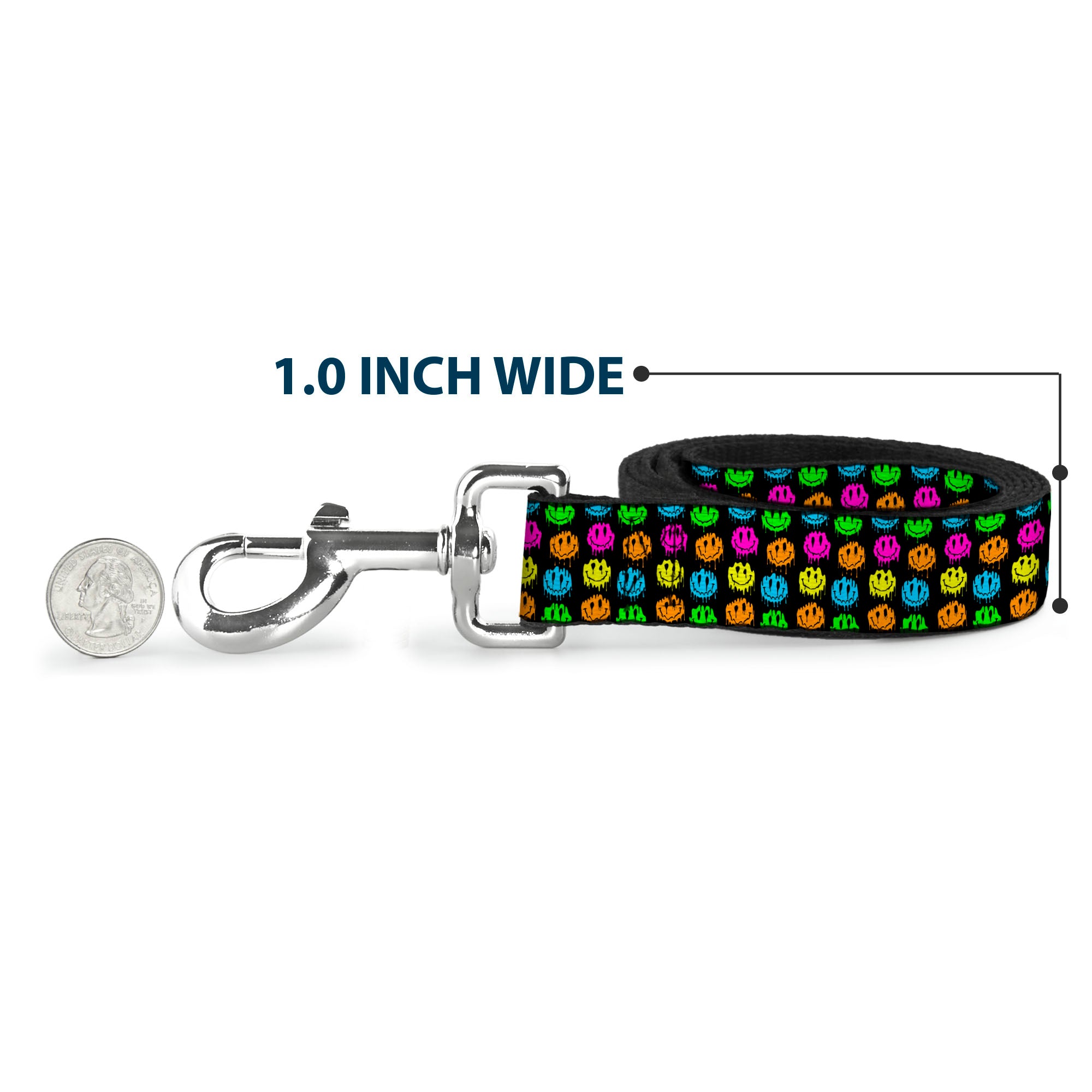 Dog Leash - Smiley Faces Melted Mini Repeat Black/Multi Neon Dog Leashes Buckle-Down