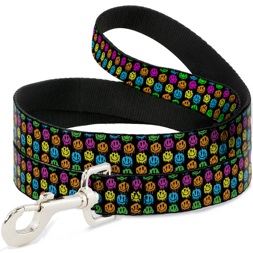 Dog Leash - Smiley Faces Melted Mini Repeat Black/Multi Neon Dog Leashes Buckle-Down