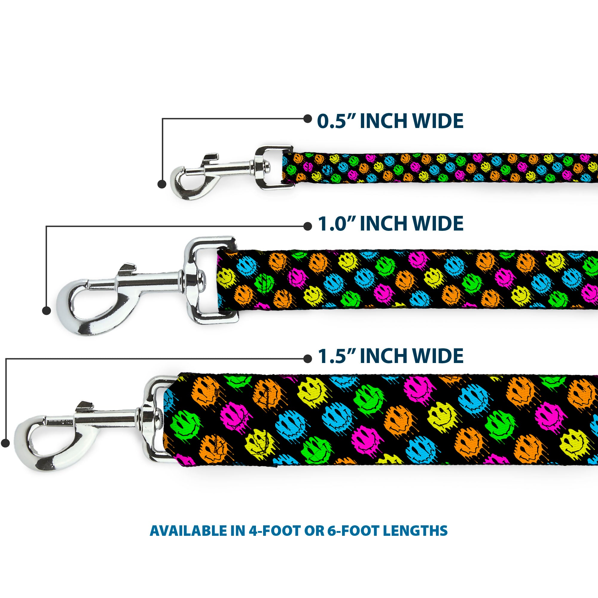 Dog Leash - Smiley Faces Melted Mini Repeat Angle Black/Multi Neon Dog Leashes Buckle-Down