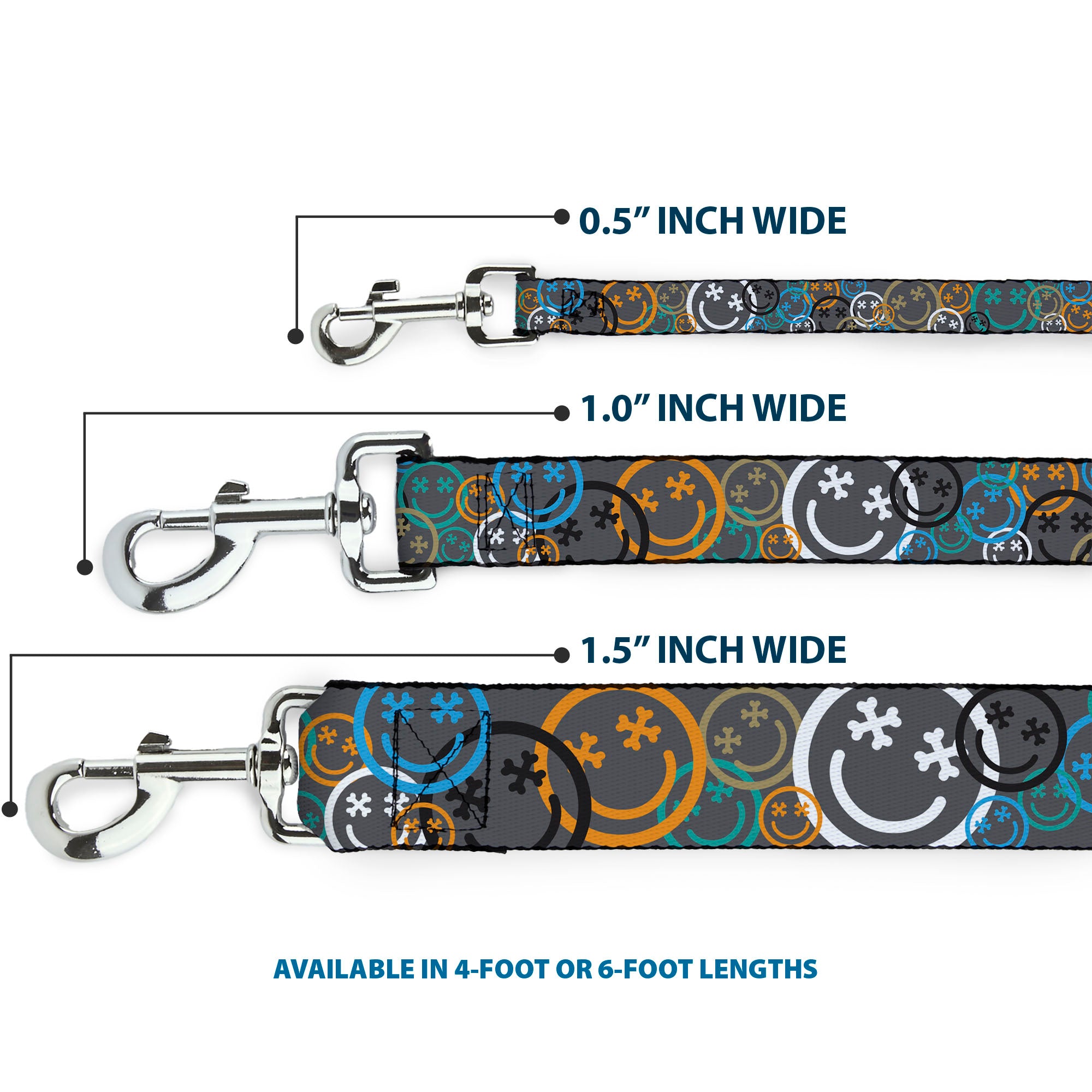Dog Leash - Smiley Face Crossbones Stacked Gray/Multi Color Dog Leashes Buckle-Down