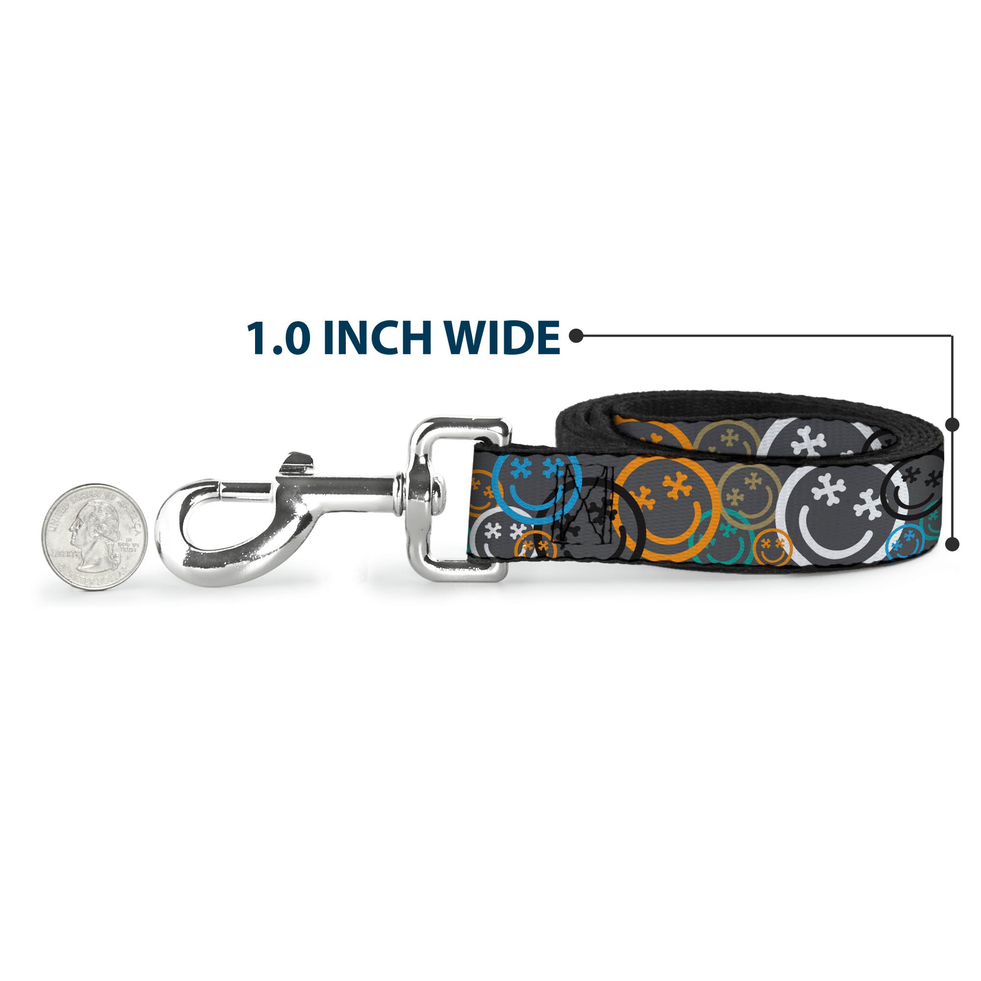 Dog Leash - Smiley Face Crossbones Stacked Gray/Multi Color Dog Leashes Buckle-Down