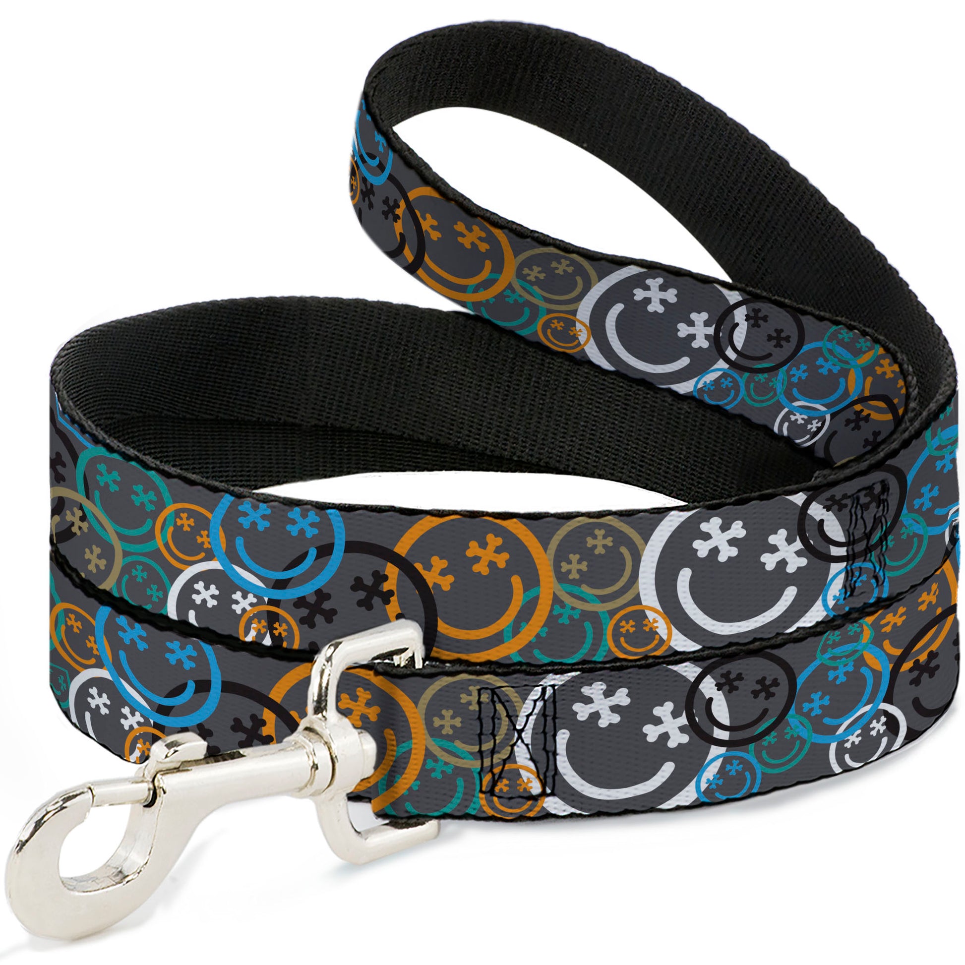 Dog Leash - Smiley Face Crossbones Stacked Gray/Multi Color Dog Leashes Buckle-Down