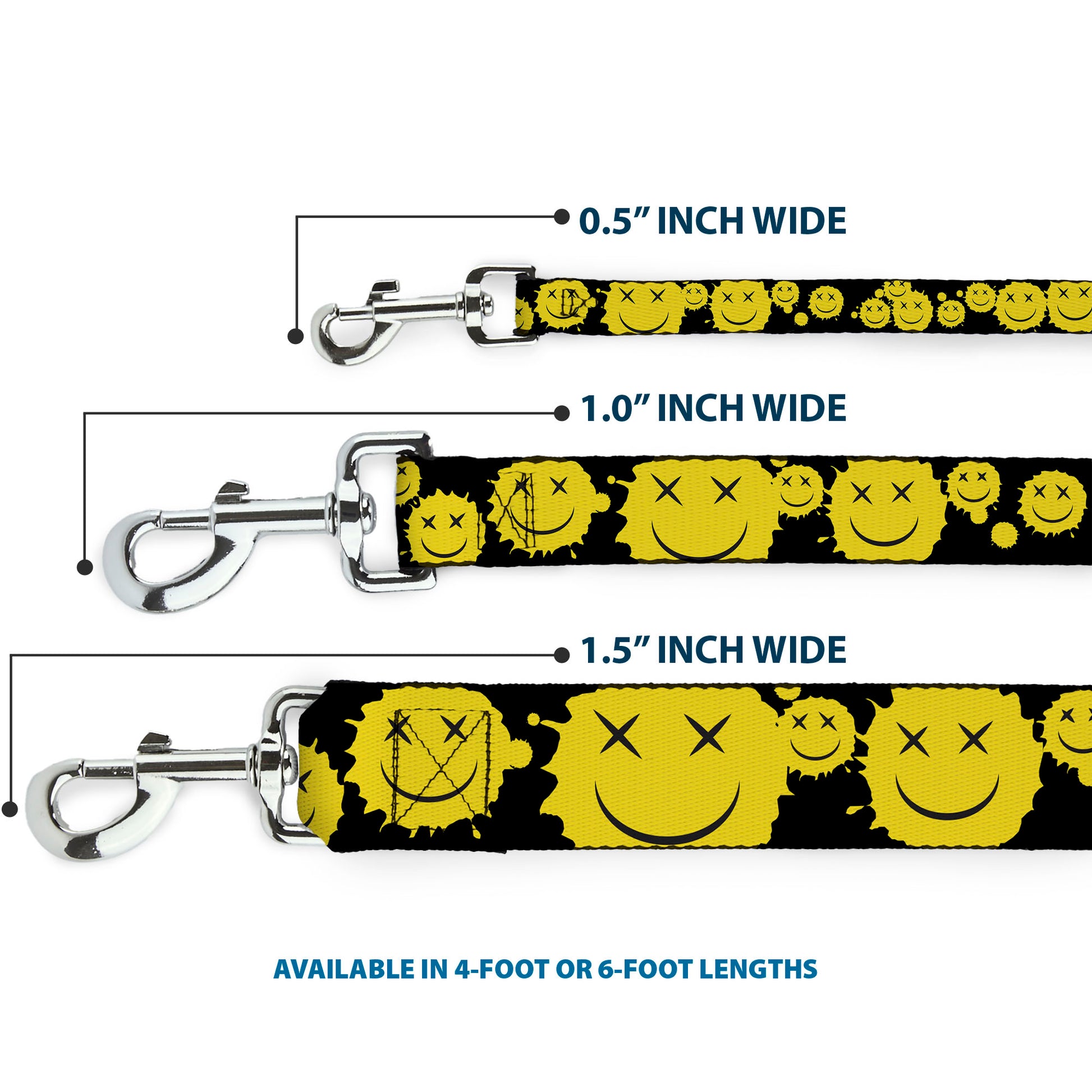 Dog Leash - Smiley Face Splatter Scattered Black/Yellow Dog Leashes Buckle-Down
