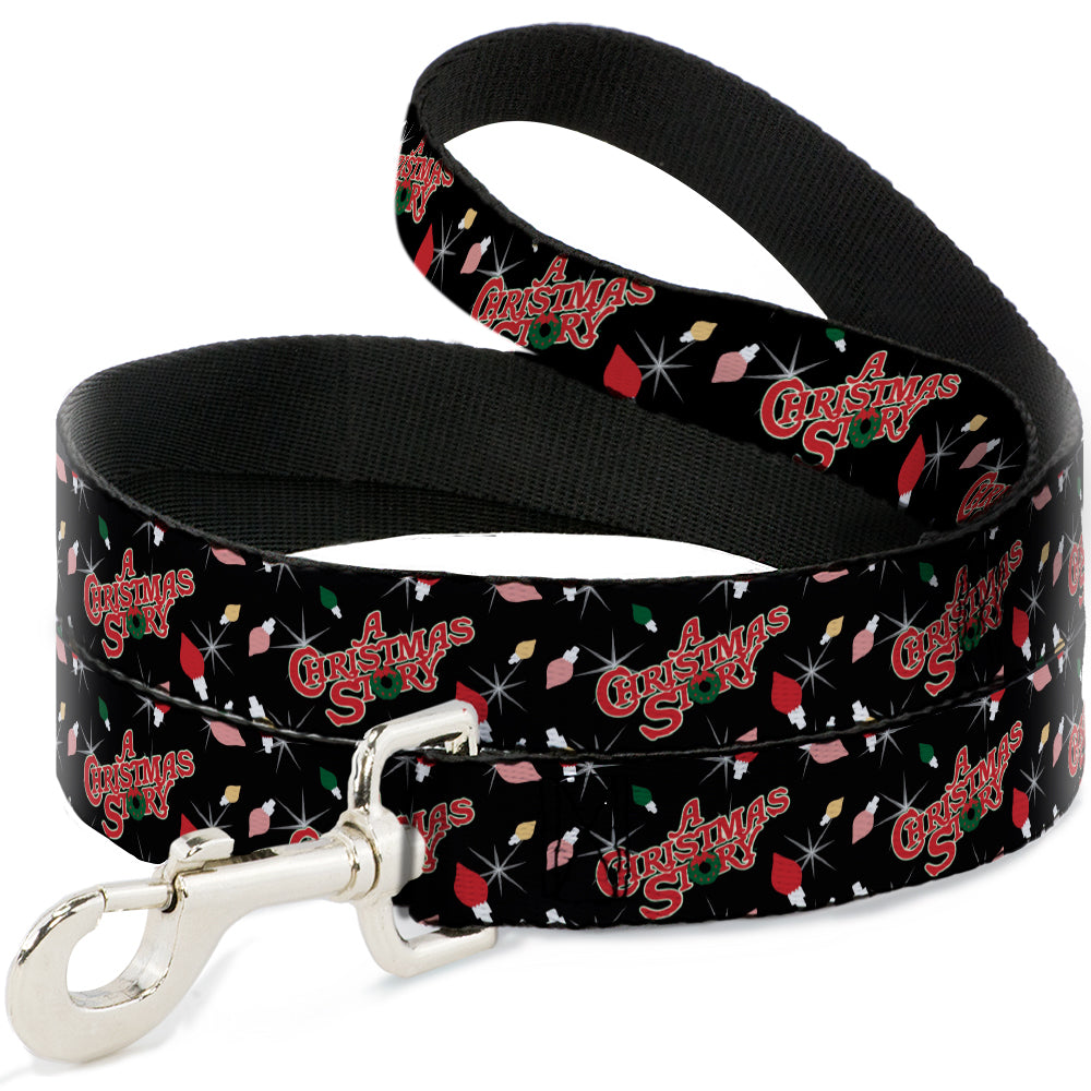 Dog Leash - A CHRISTMAS STORY Title Logo and Lights Black/Reds Dog Leashes A Christmas Story