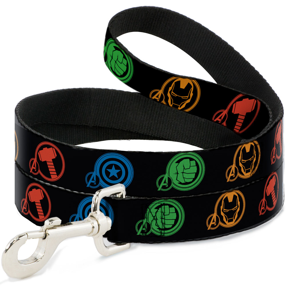 Dog Leash - Marvel Avengers Superhero Logos Black/Multi Color Dog Leashes Marvel Comics