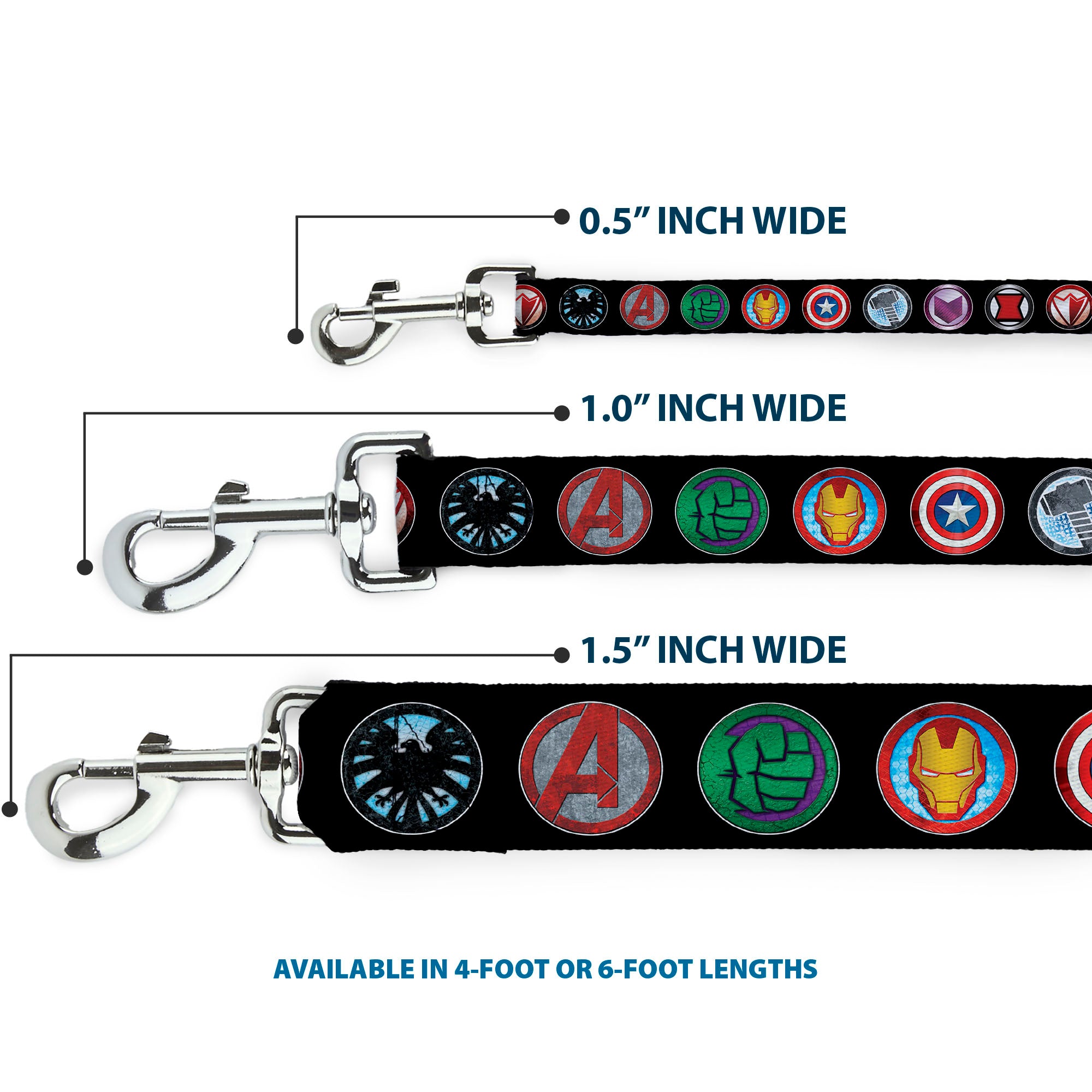 Dog Leash - 9-Avenger Icons Black/Multi Color Dog Leashes Marvel Comics