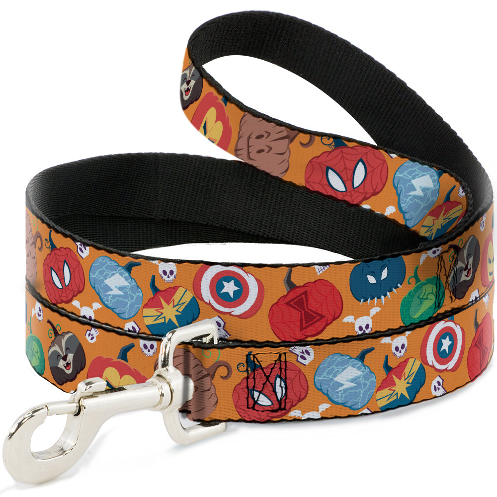 Dog Leash - Marvel 9-Avengers Halloween Jack-O-Lantern Pumpkin Icons Scattered Orange Dog Leashes Marvel Comics