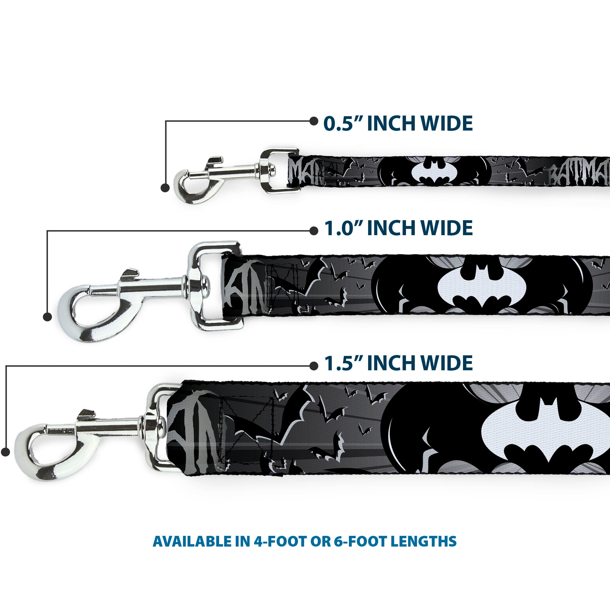 Dog Leash - BATMAN w/Bat Signals & Flying Bats Black/White Dog Leashes DC Comics