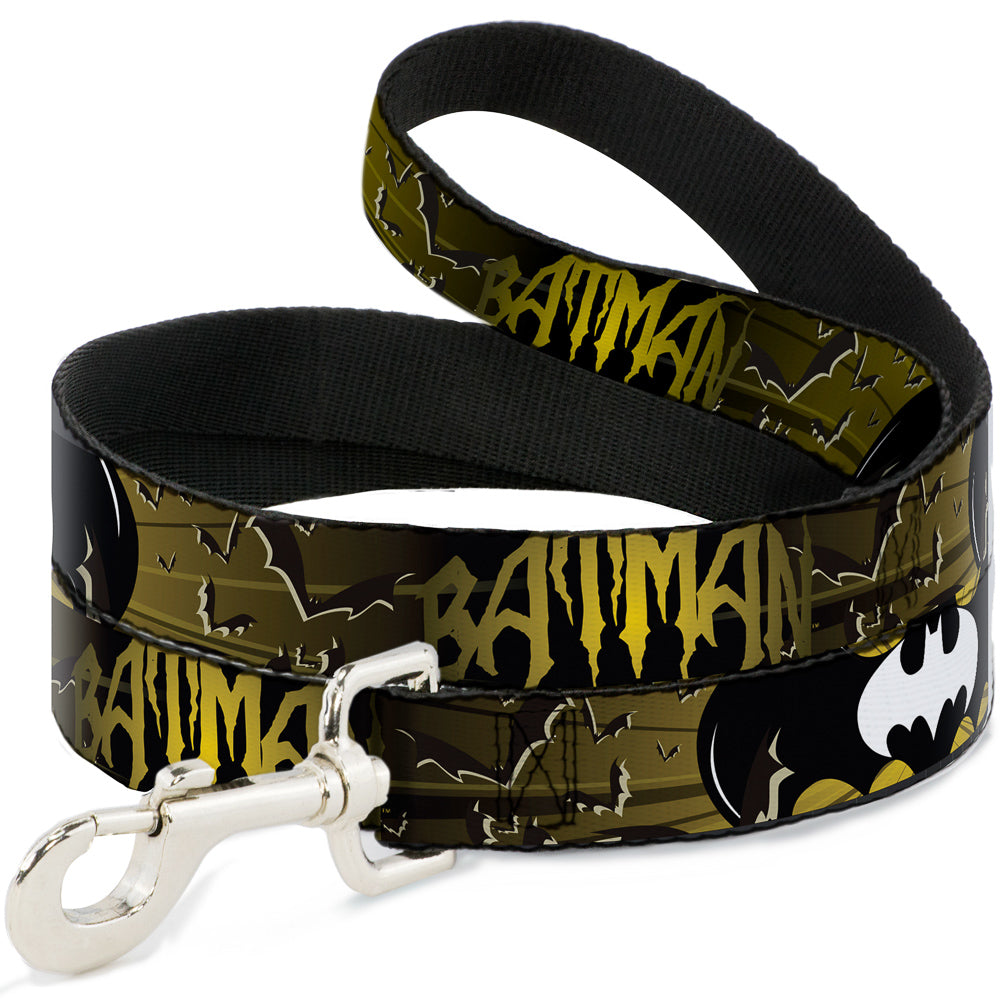 Dog Leash - BATMAN w/Bat Signals & Flying Bats Yellow/Black/White Dog Leashes DC Comics