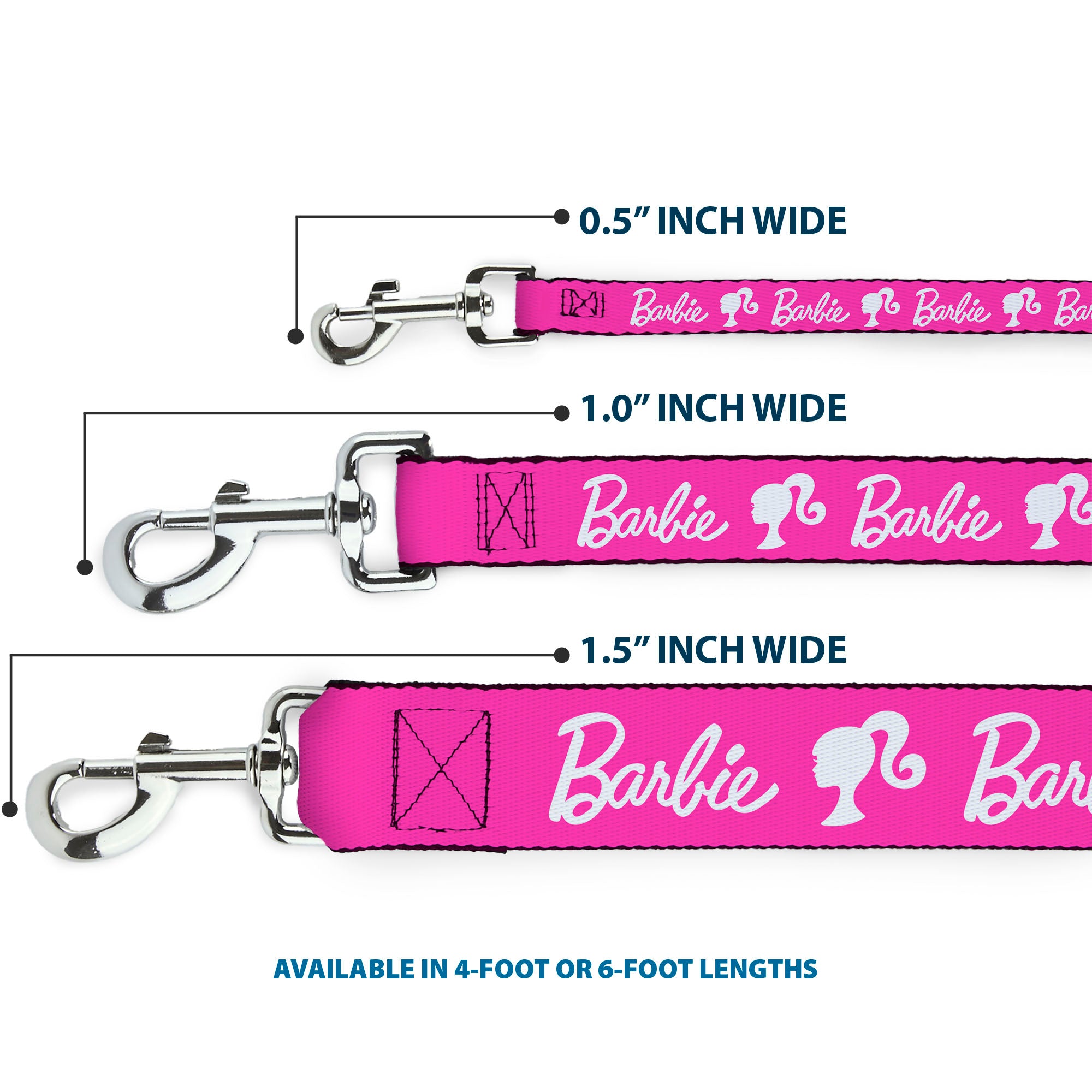 Dog Leash - BARBIE Script Signature Logo and Silhouette Hot Pink/White Dog Leashes Barbie