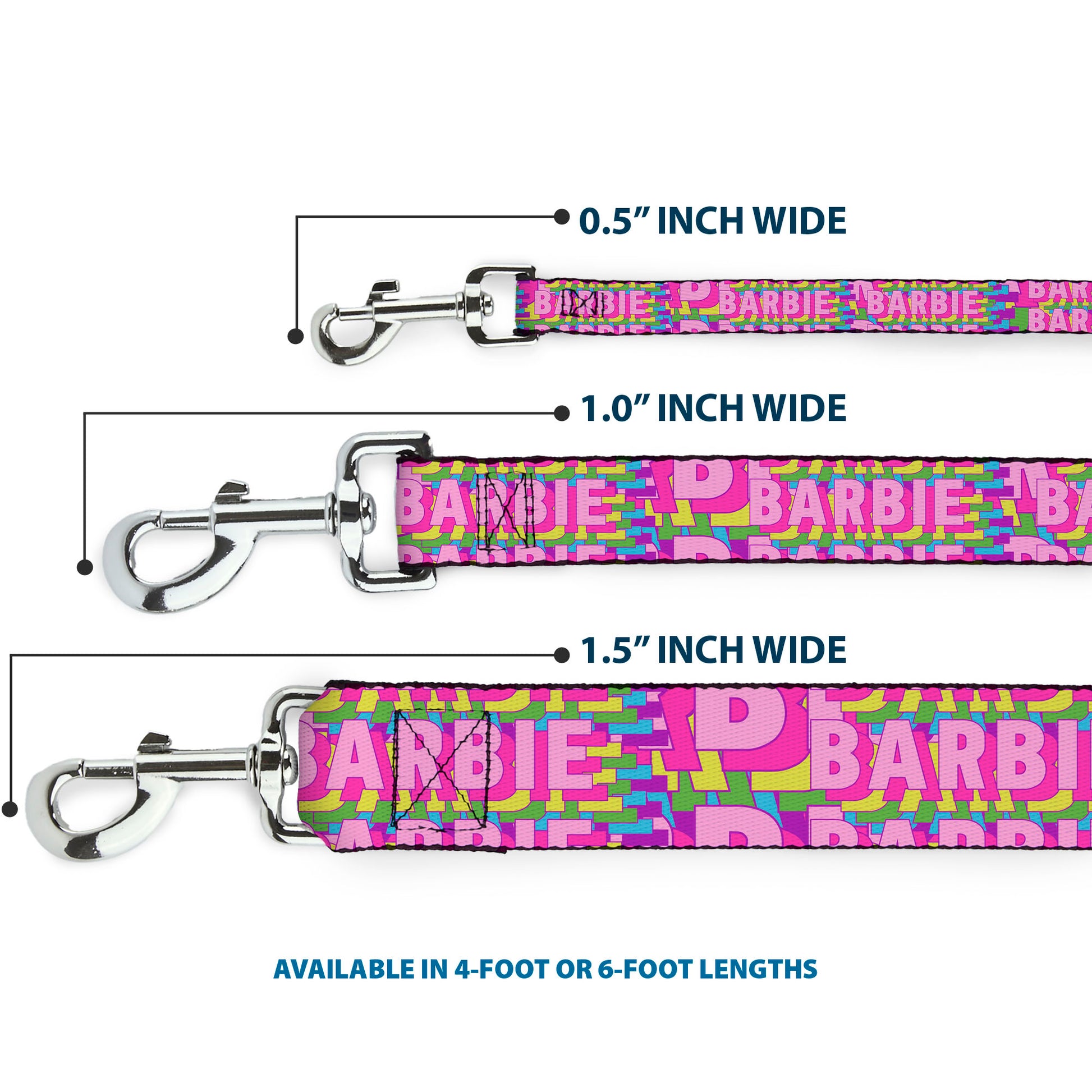 Dog Leash - BARBIE Bold Text Stacked Pink/Multi Color Dog Leashes Barbie