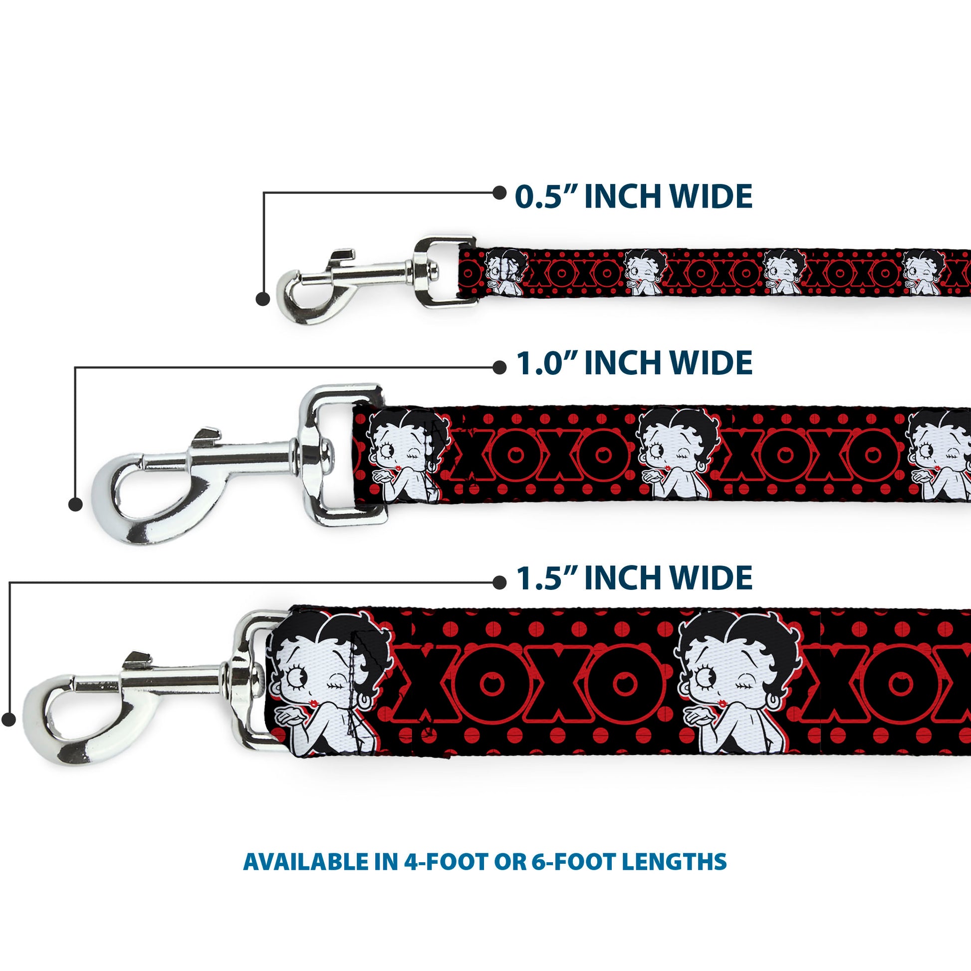 Dog Leash - Betty Boop Winking Kiss Pose with XOXO Text Polka Dot Black/Red/White Dog Leashes Betty Boop