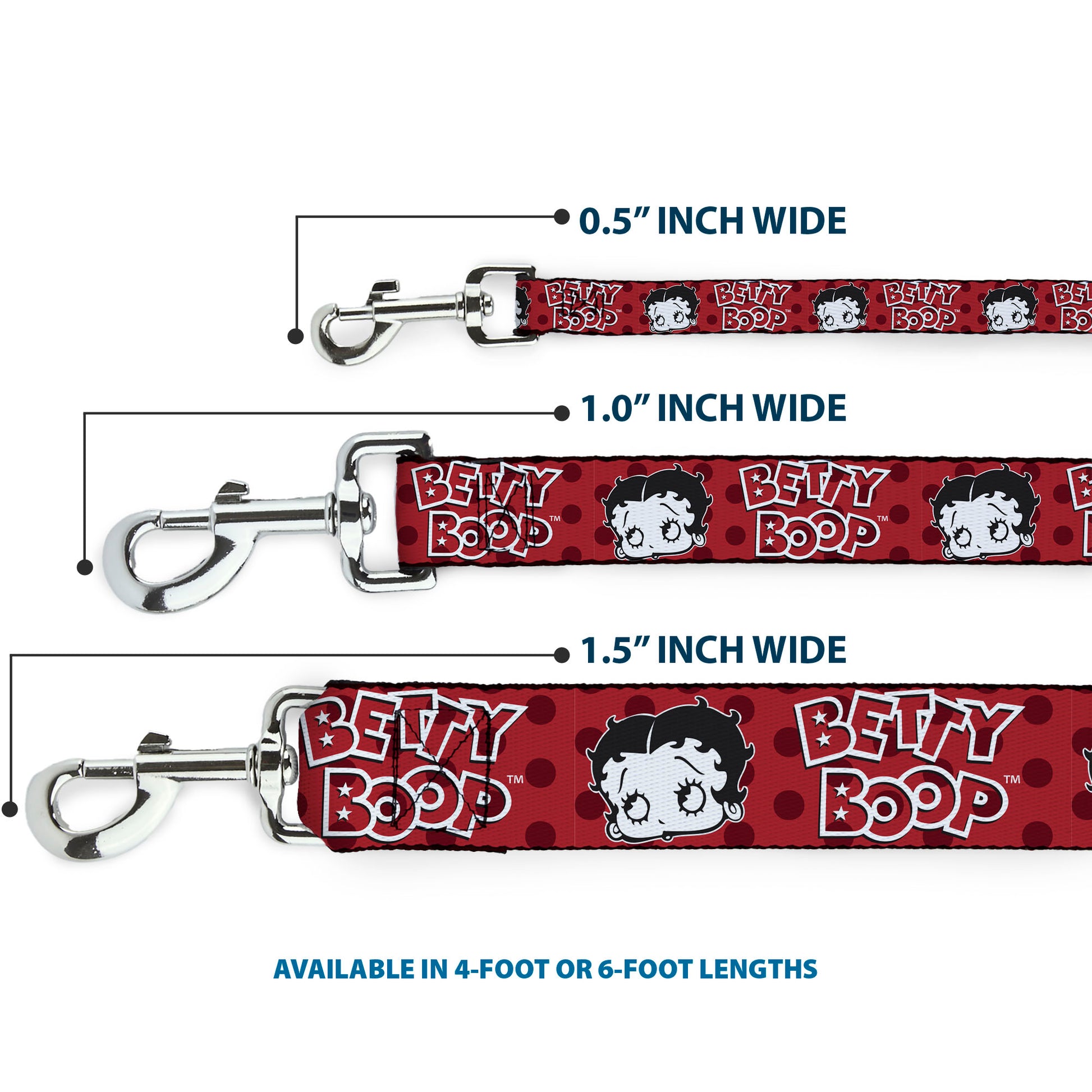Dog Leash - BETTY BOOP Face and Text Polka Dot Reds/Black/White Dog Leashes Betty Boop