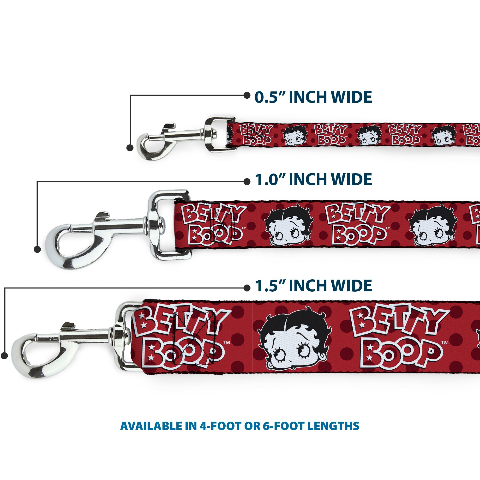 Dog Leash - BETTY BOOP Face and Text Polka Dot Reds/Black/White Dog Leashes Betty Boop