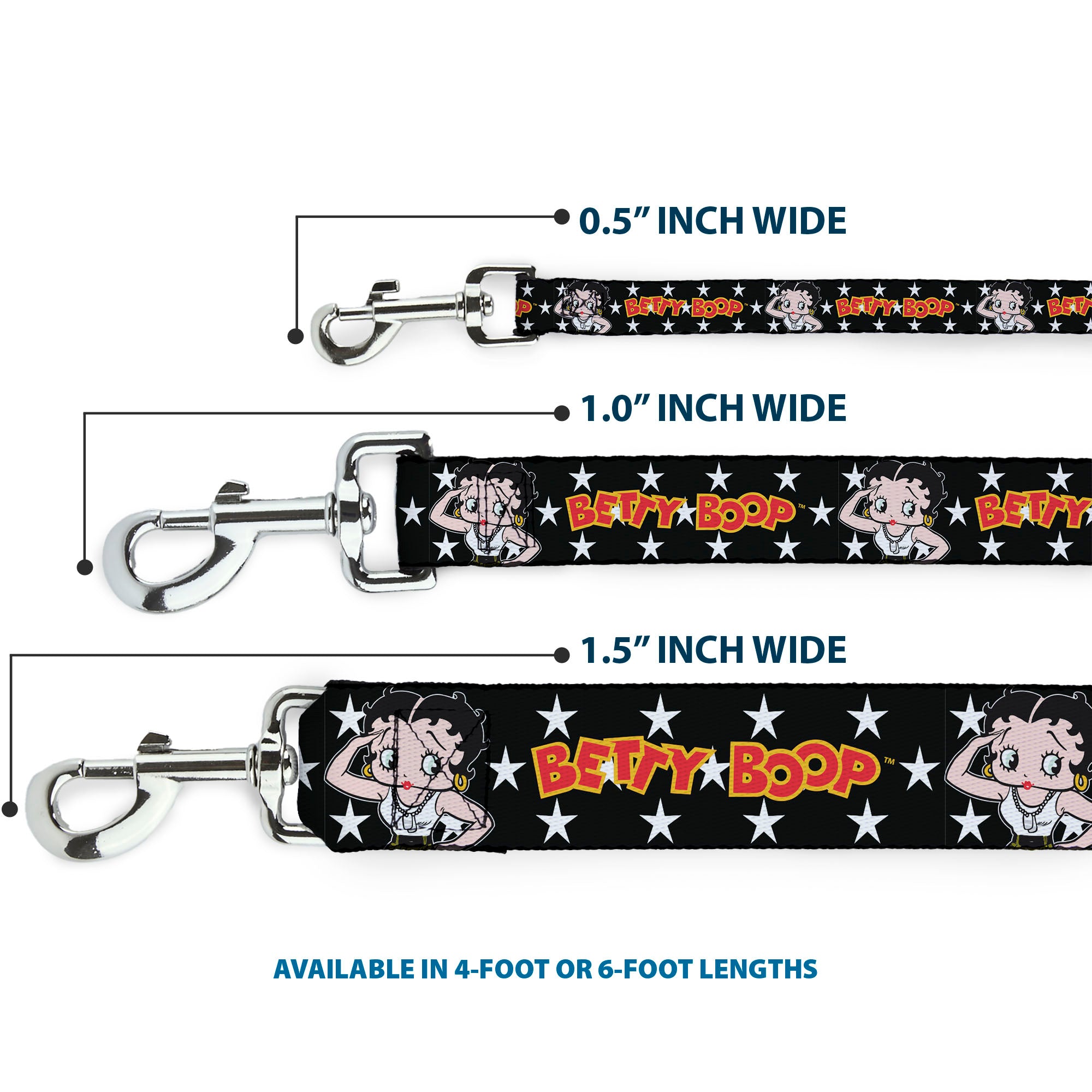 Dog Leash - BETTY BOOP Salute Pose and Text Stars Black/White/Yellow/Red Dog Leashes Betty Boop