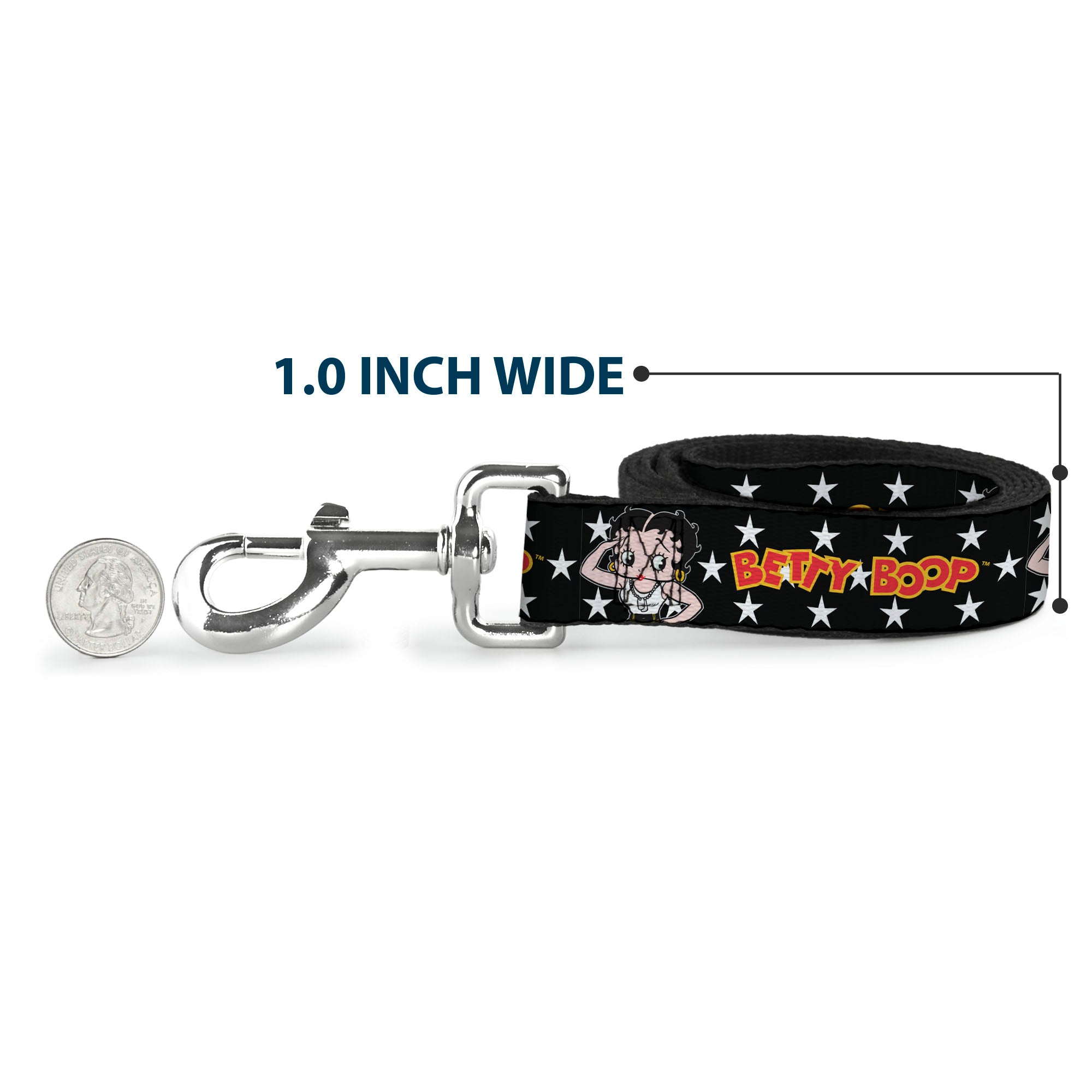 Dog Leash - BETTY BOOP Salute Pose and Text Stars Black/White/Yellow/Red Dog Leashes Betty Boop