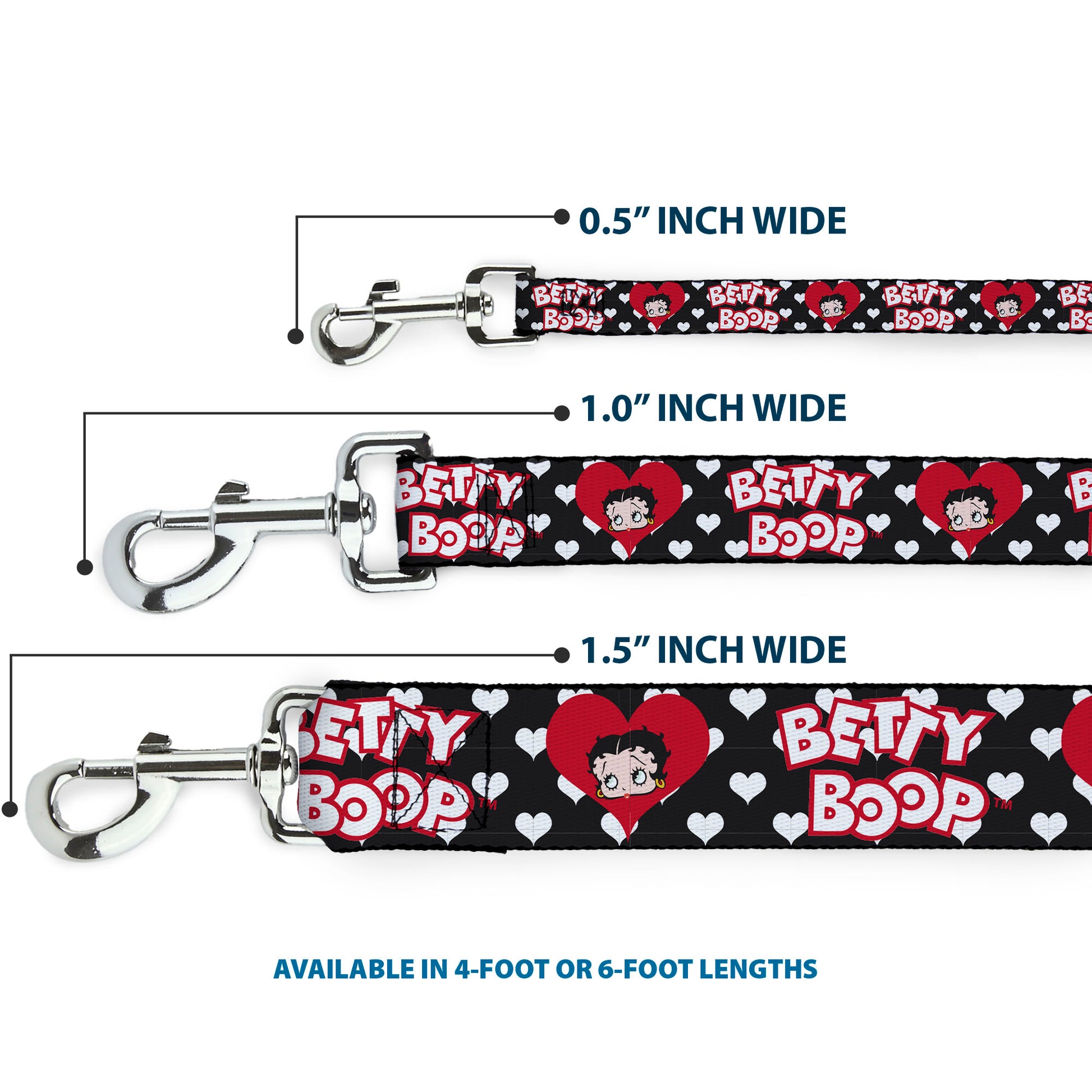 Dog Leash - BETTY BOOP Face and Text Hearts Black/White/Red Dog Leashes Betty Boop