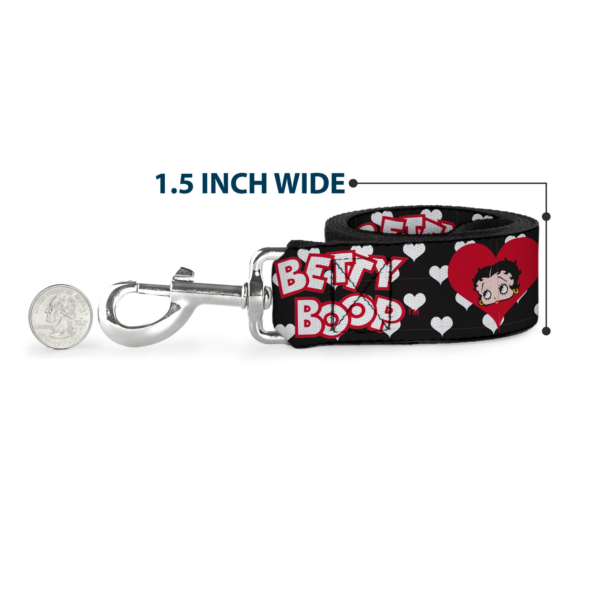 Dog Leash - BETTY BOOP Face and Text Hearts Black/White/Red Dog Leashes Betty Boop