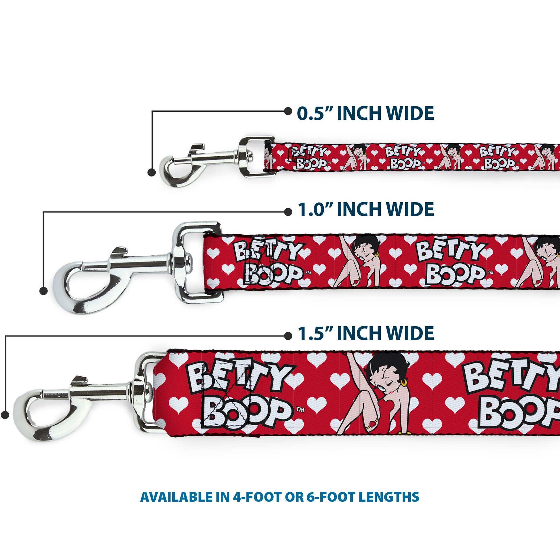 Dog Leash - BETTY BOOP Seated Leg Kick Pose and Text Hearts Red/White/Black Dog Leashes Betty Boop