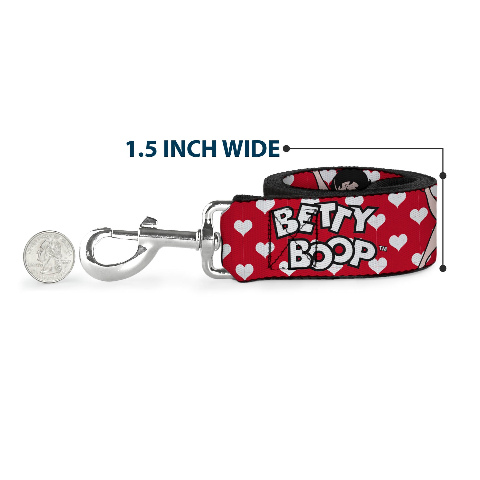 Dog Leash - BETTY BOOP Seated Leg Kick Pose and Text Hearts Red/White/Black Dog Leashes Betty Boop
