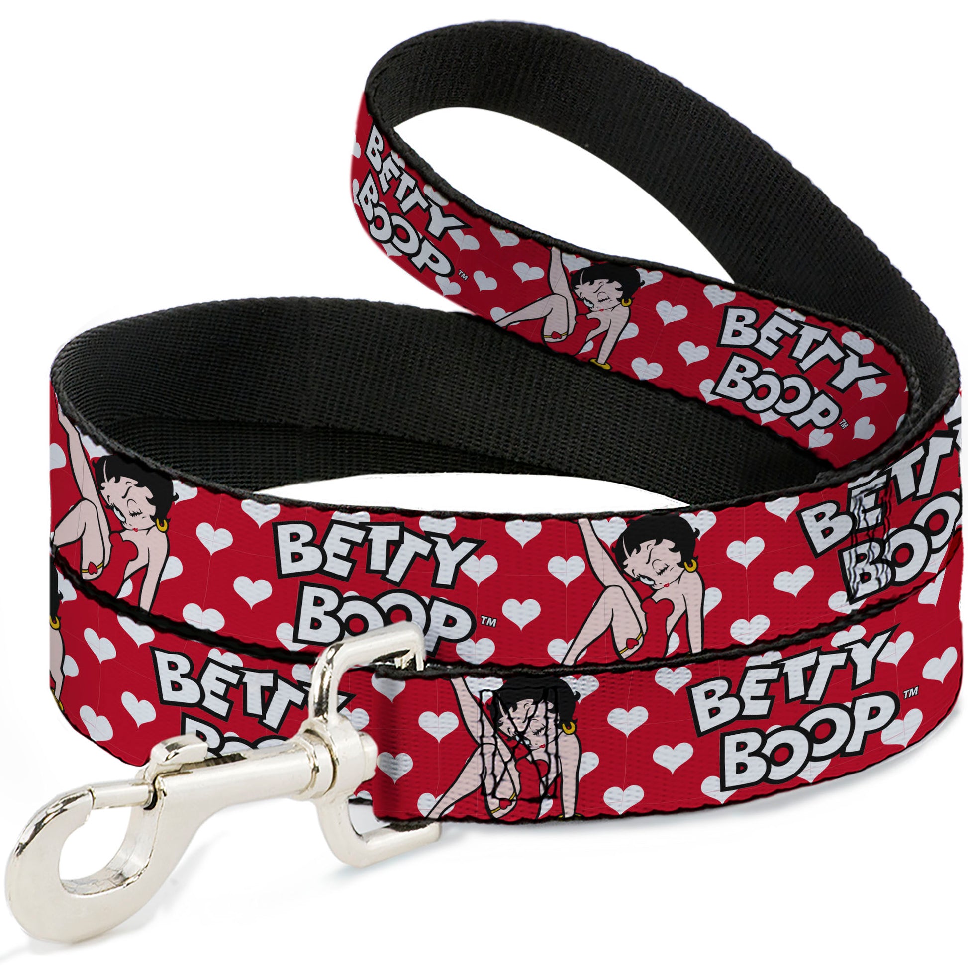 Dog Leash - BETTY BOOP Seated Leg Kick Pose and Text Hearts Red/White/Black Dog Leashes Betty Boop
