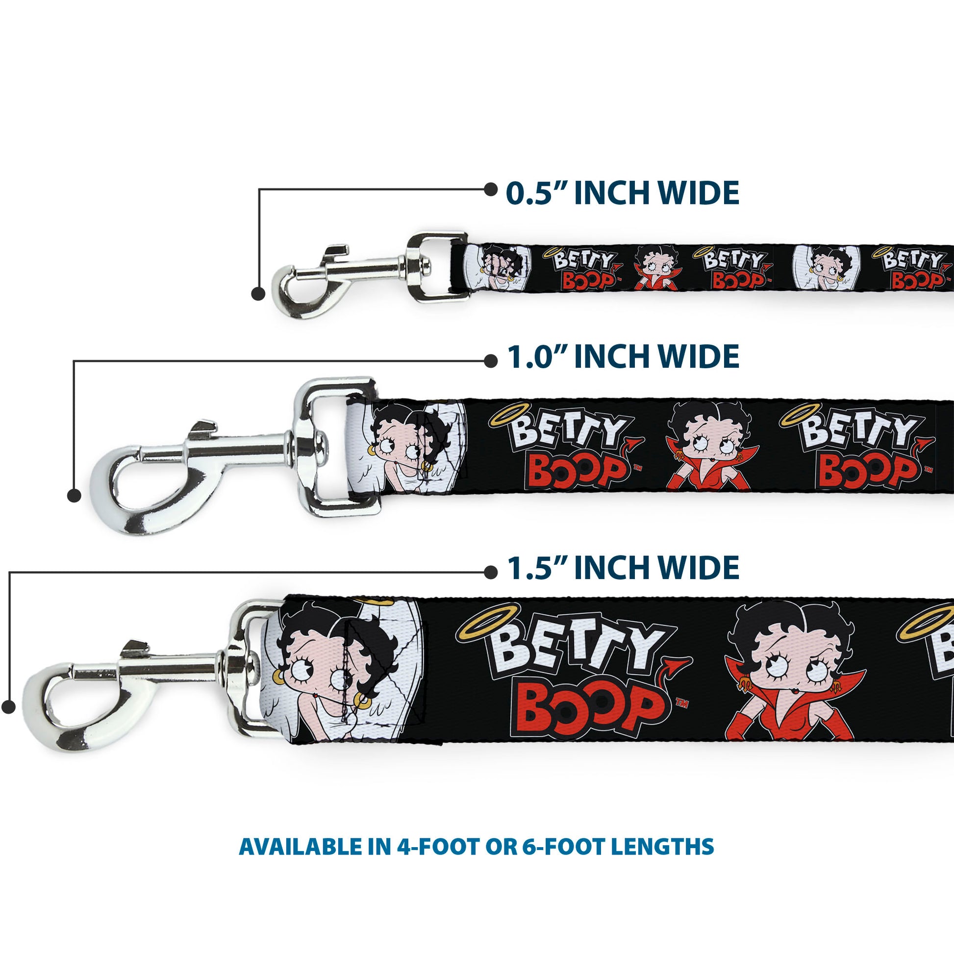 Dog Leash - BETTY BOOP Angel and Devil Poses with Text Black/White/Red Dog Leashes Betty Boop