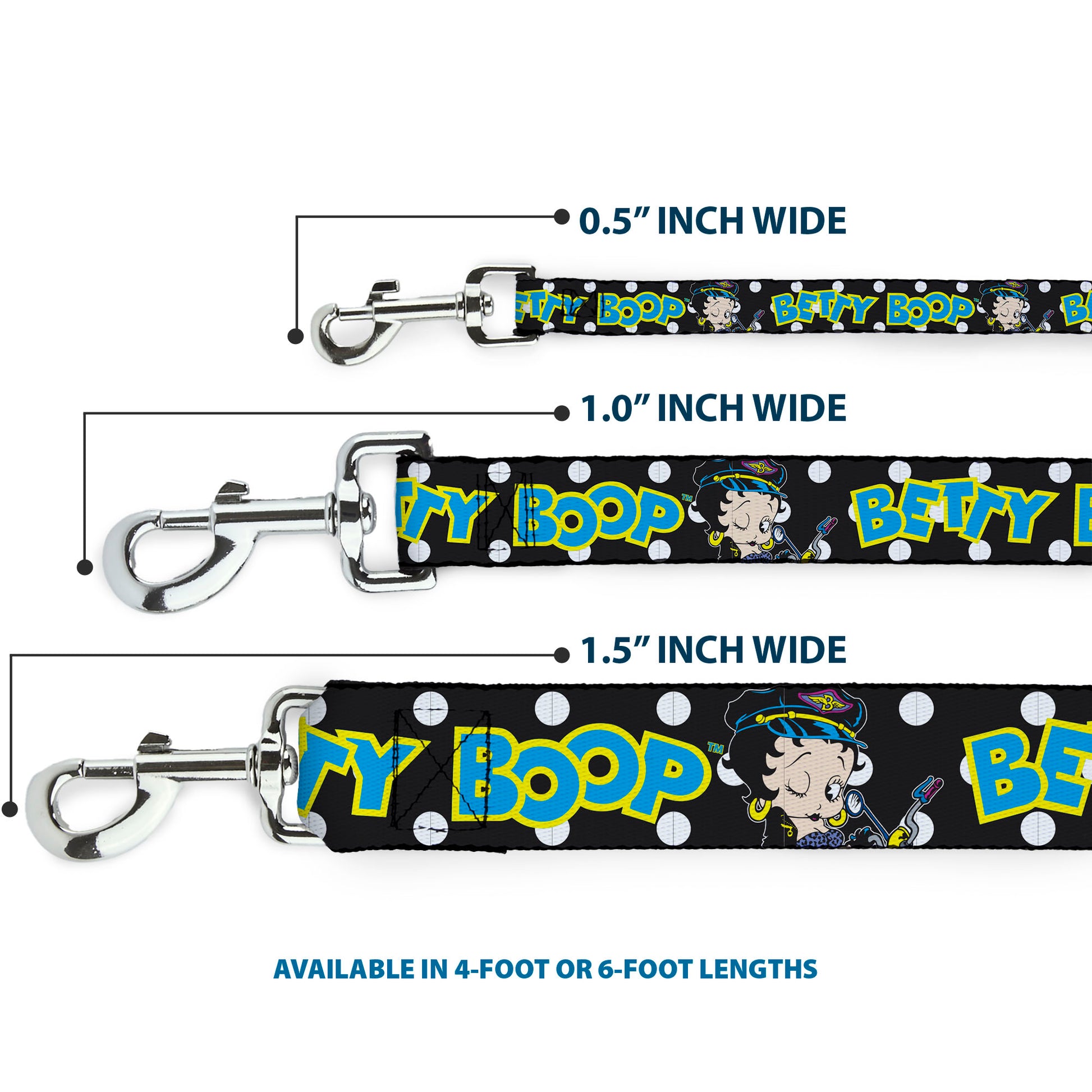 Dog Leash - BETTY BOOP Biker Betty Winking and Text Polka Dot Black/White/Yellow/Blue Dog Leashes Betty Boop