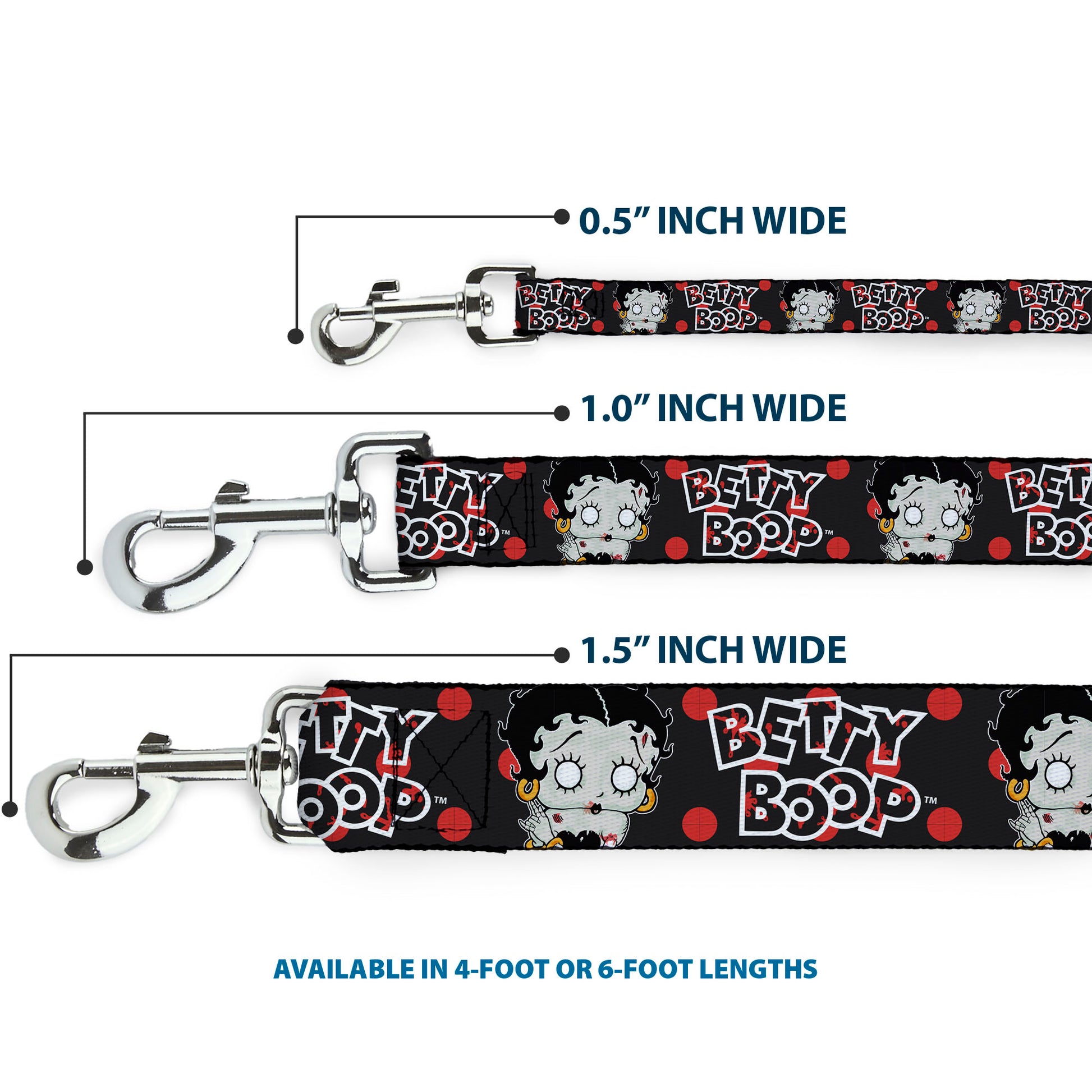 Dog Leash - BETTY BOOP Zombie Betty and Text Polka Dot Black/Red/White Dog Leashes Betty Boop