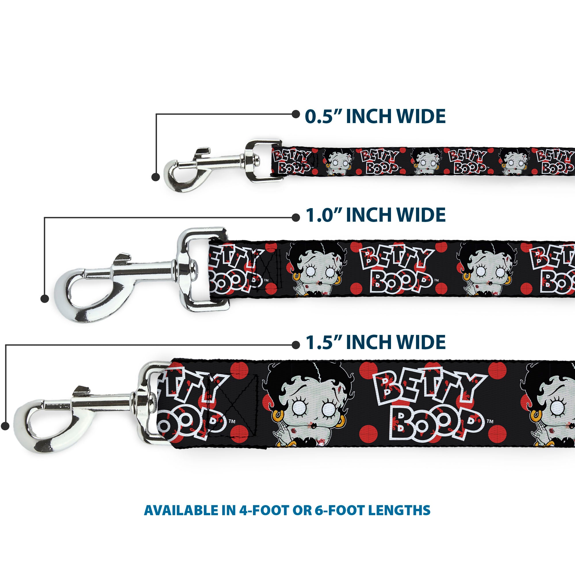 Dog Leash - BETTY BOOP Zombie Betty and Text Polka Dot Black/Red/White Dog Leashes Betty Boop