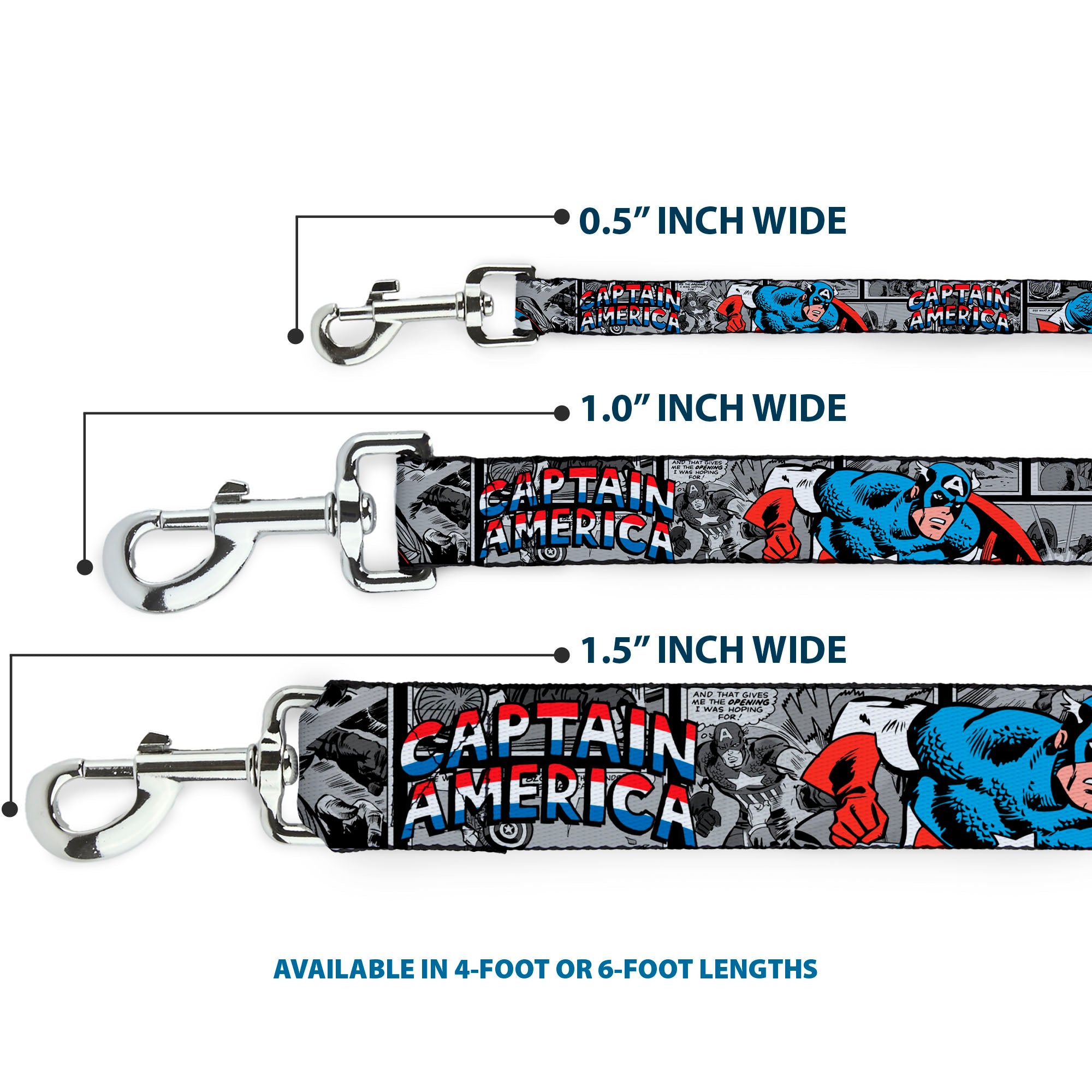 Dog Leash - CAPTAIN AMERICA 2-Poses/Comic Blocks Grays/Red/White/Blue Dog Leashes Marvel Comics