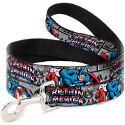 Dog Leash - CAPTAIN AMERICA 2-Poses/Comic Blocks Grays/Red/White/Blue Dog Leashes Marvel Comics