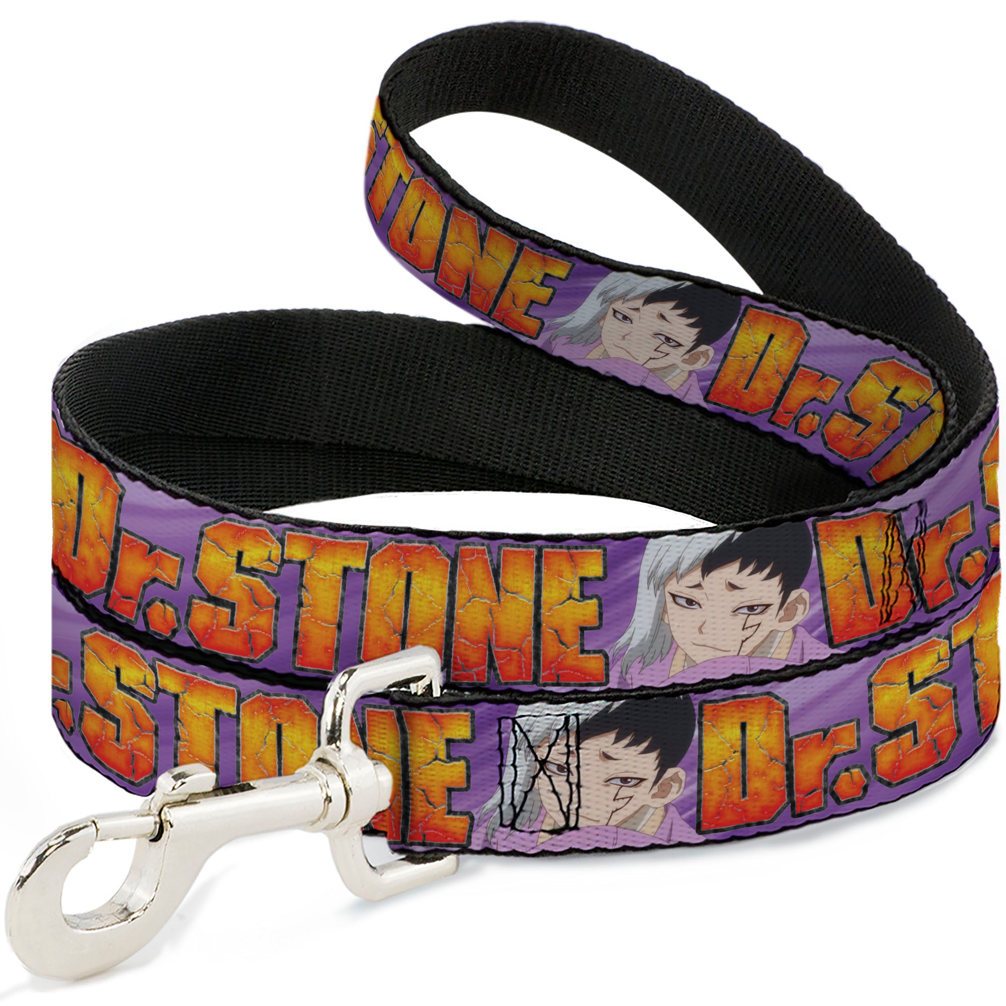 Dog Leash - DR. STONE Title Logo and Gen Asagiri Face Purples Dog Leashes Dr. Stone