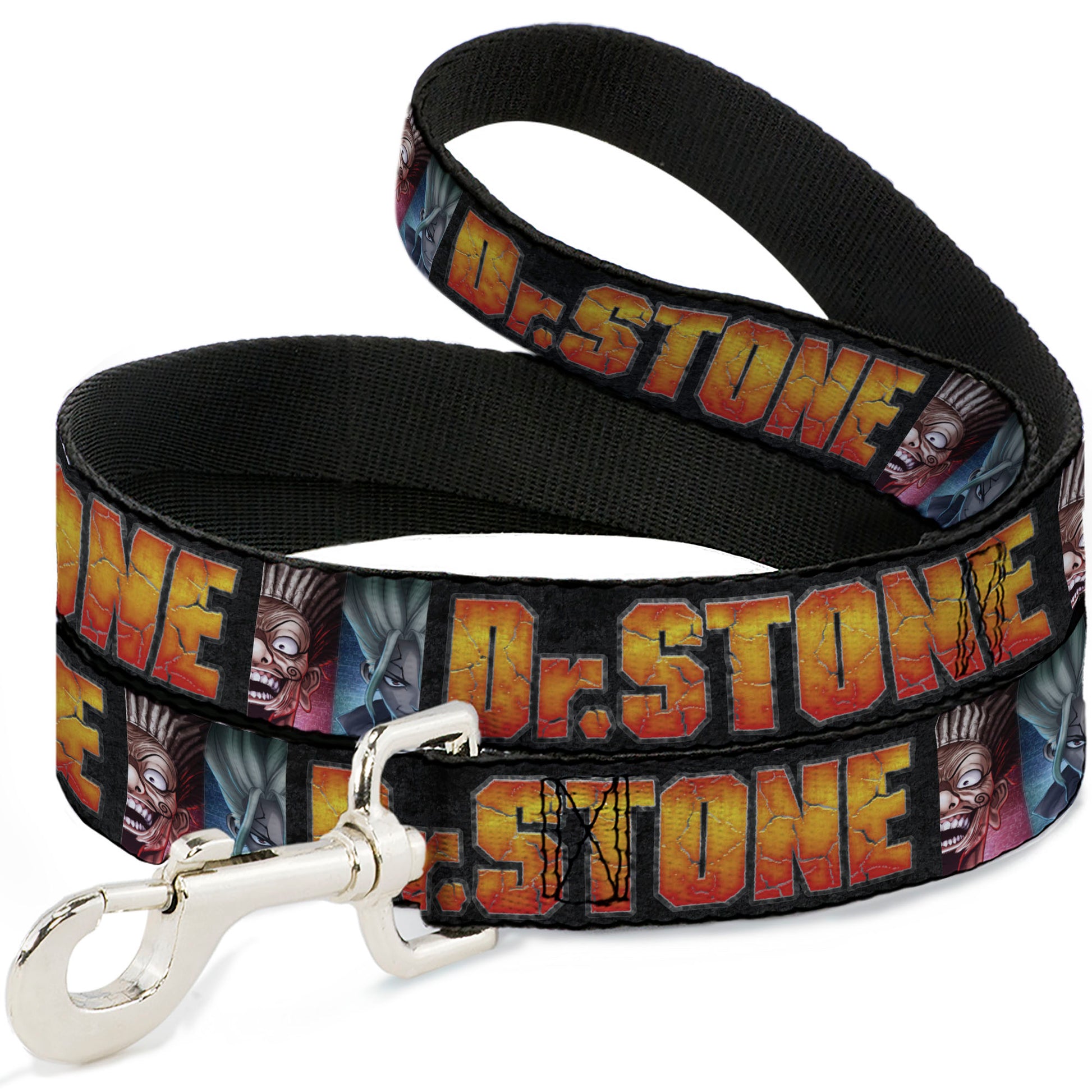 Dog Leash - DR. STONE Title Logo and Ibarra Senku Split Pose Black Dog Leashes Dr. Stone