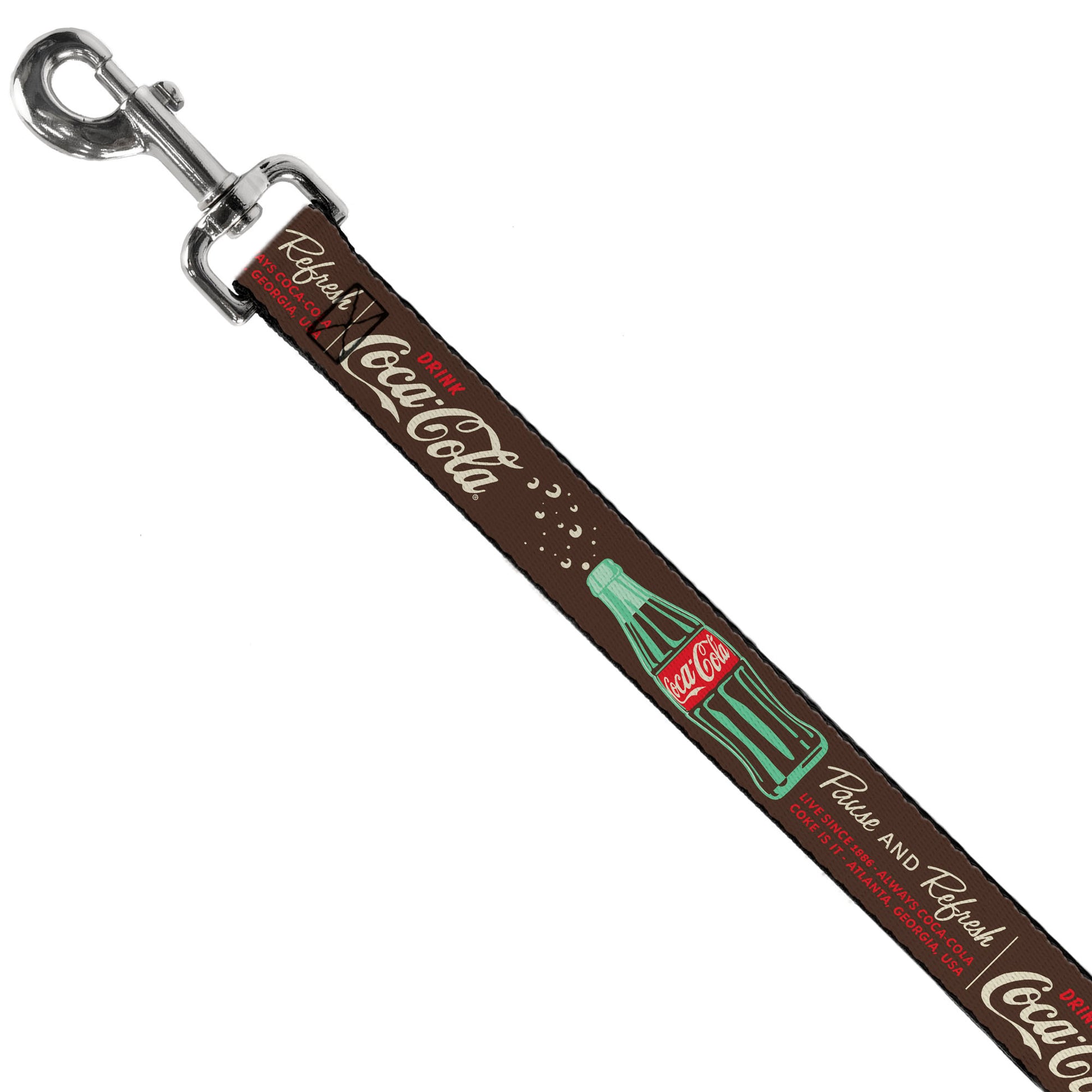 Dog Leash - Coca-Cola PAUSE AND REFRESH Typography and Bottle Brown/Red/White Dog Leashes Coca-Cola