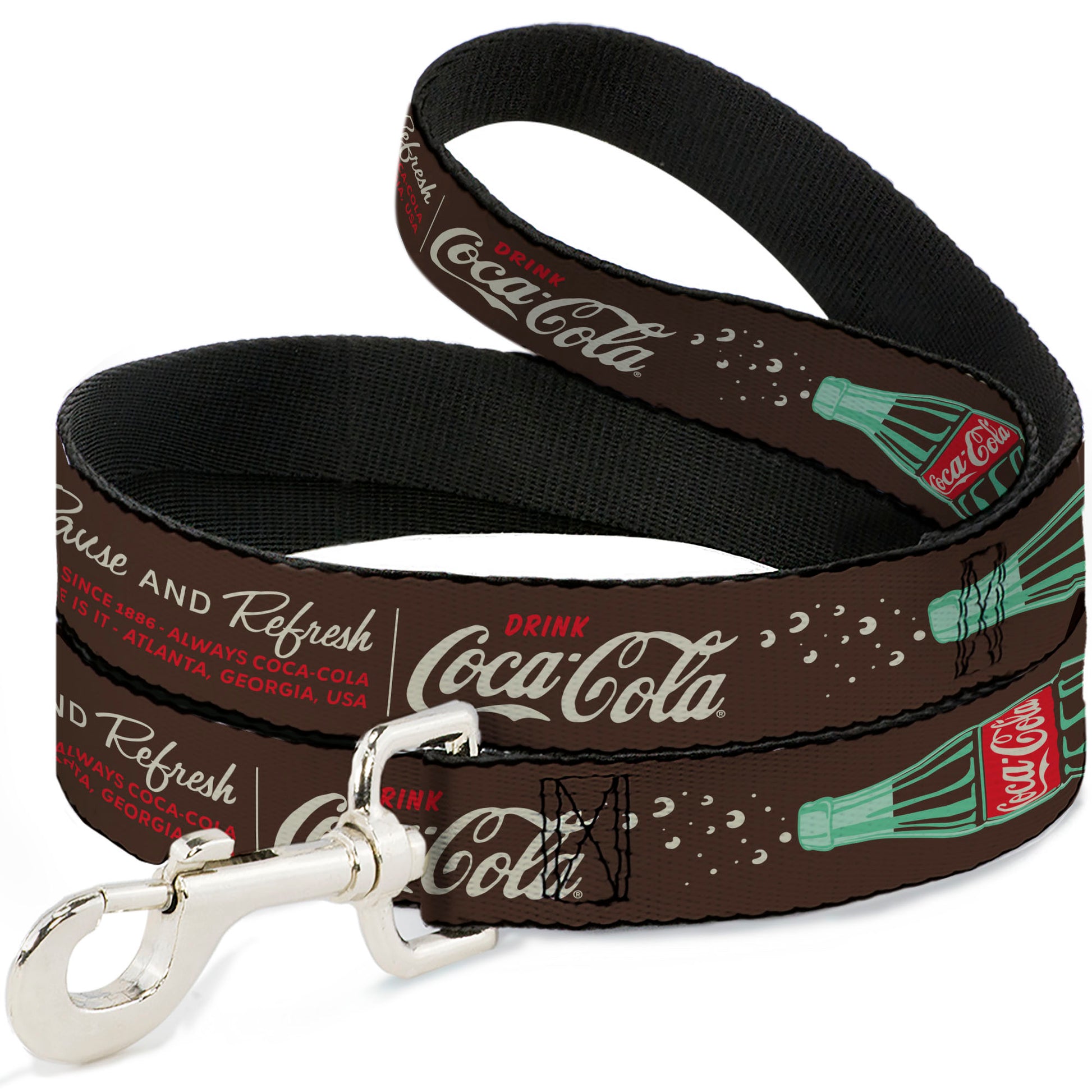Dog Leash - Coca-Cola PAUSE AND REFRESH Typography and Bottle Brown/Red/White Dog Leashes Coca-Cola