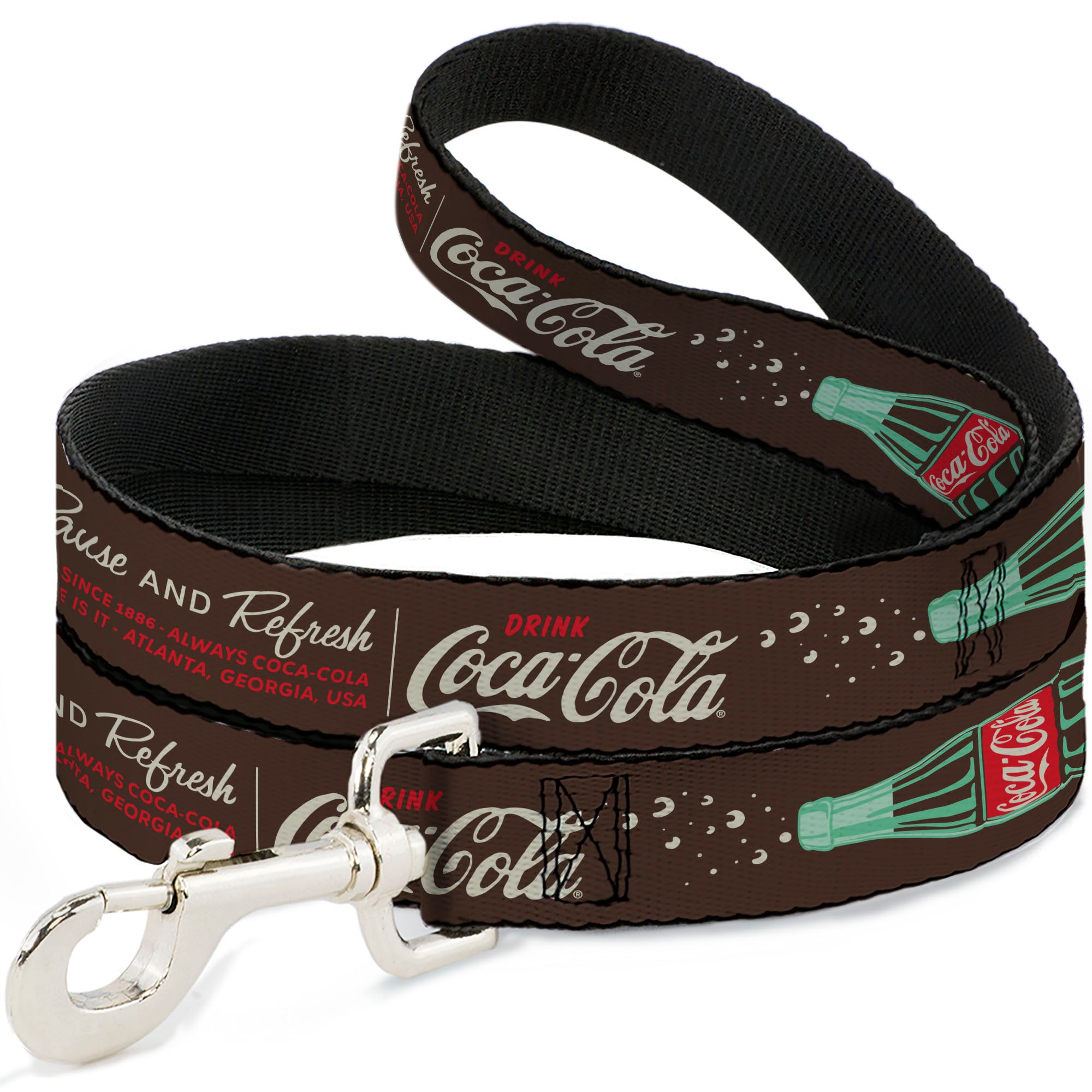 Dog Leash - Coca-Cola PAUSE AND REFRESH Typography and Bottle Brown/Red/White Dog Leashes Coca-Cola