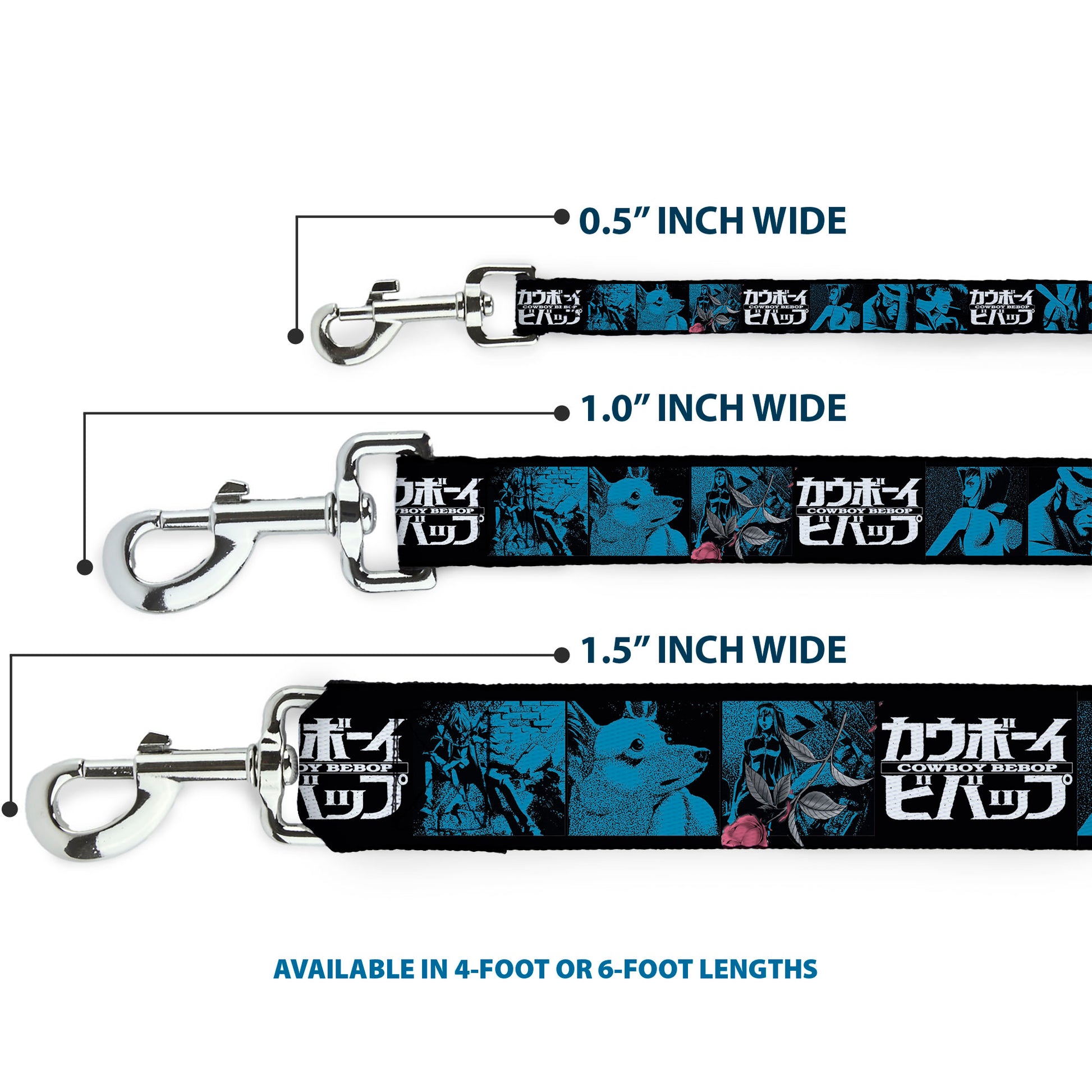 Dog Leash - COWBOY BEBOP Title Logo and Character Blocks Black/Blues Dog Leashes Cowboy Bebop
