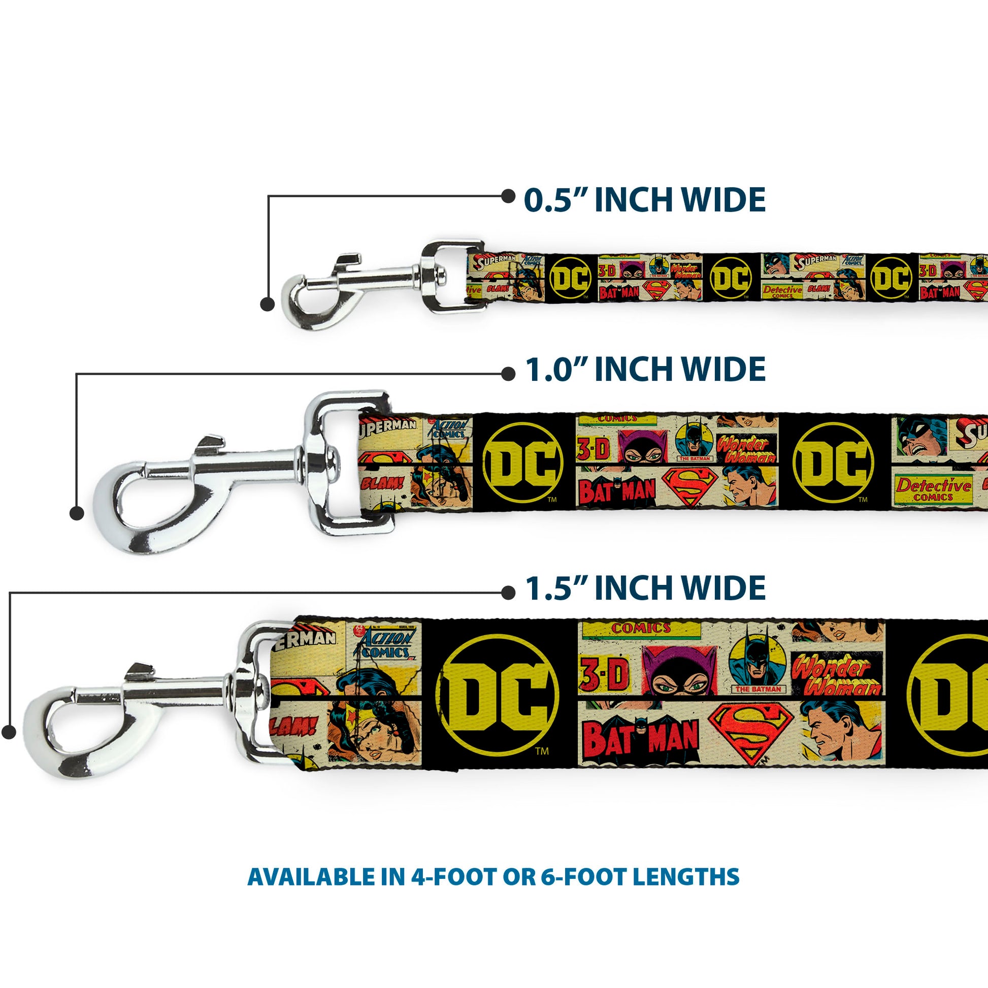 Dog Leash - Vintage DC Comics Superhero and Logos Collage Black Dog Leashes DC Comics